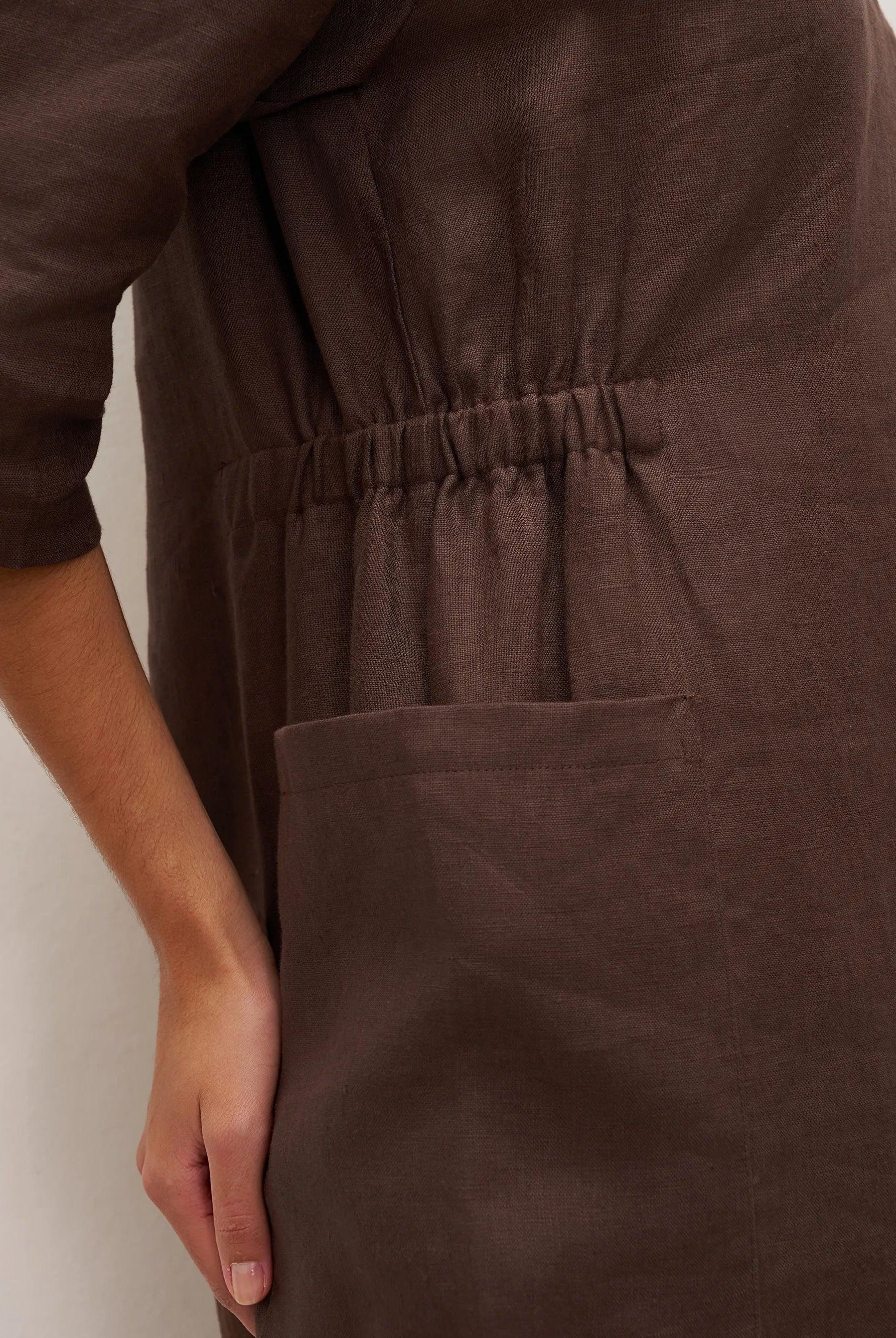 100% Linen Bell Pocket Midi Dress EVELINA - DRESSES-Linen