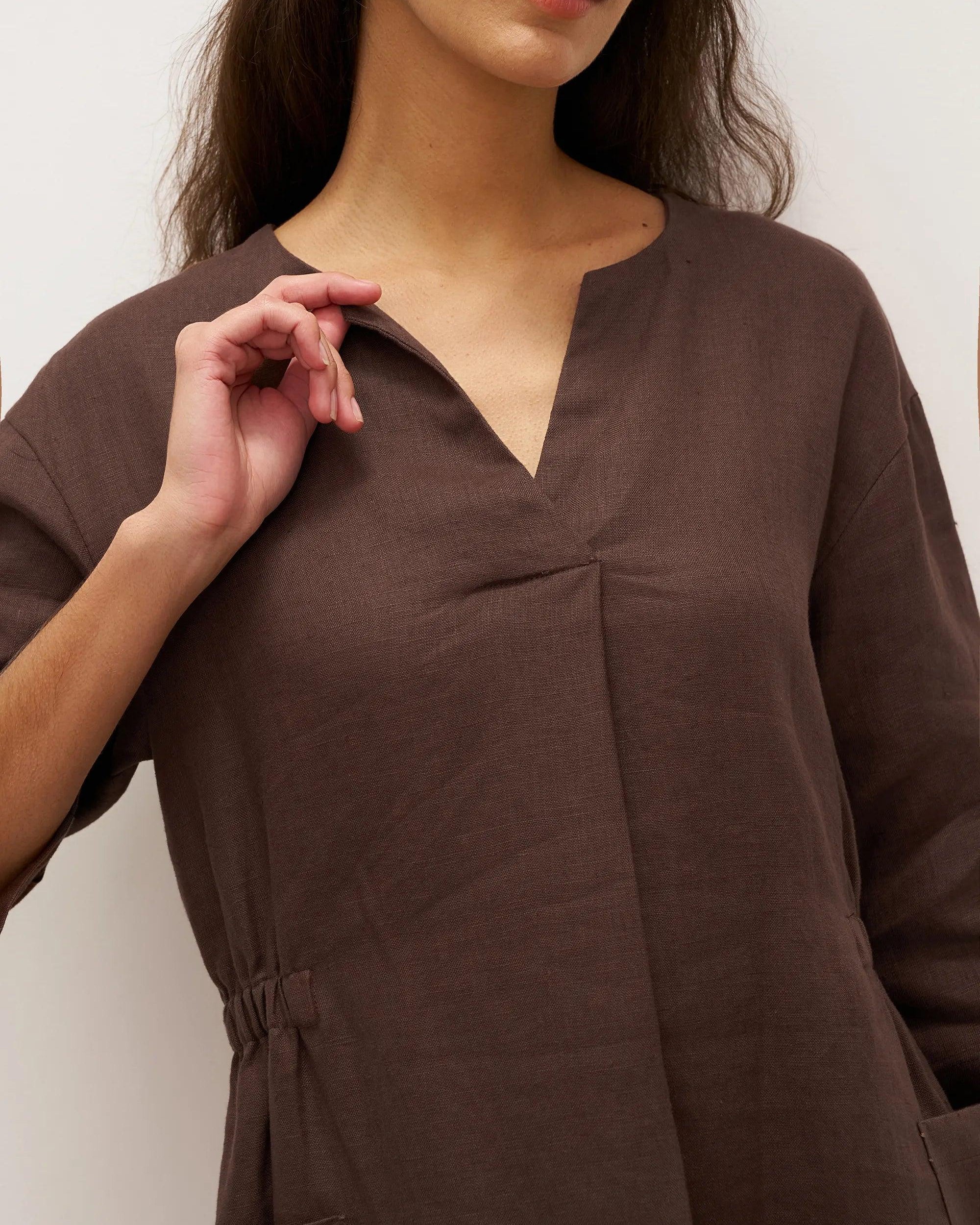 100% Linen Bell Pocket Midi Dress EVELINA - DRESSES-Linen