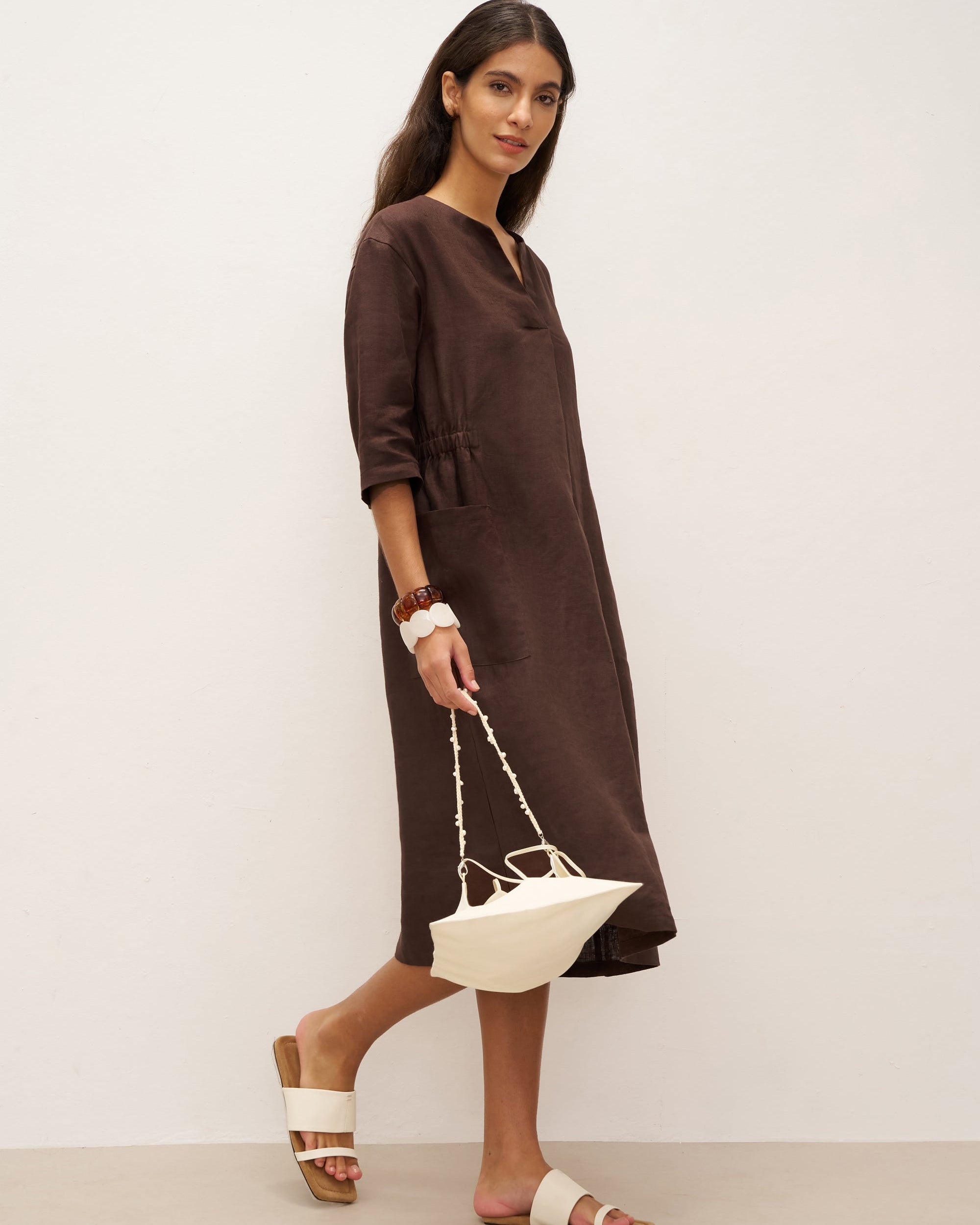 100% Linen Bell Pocket Midi Dress EVELINA - DRESSES-Linen