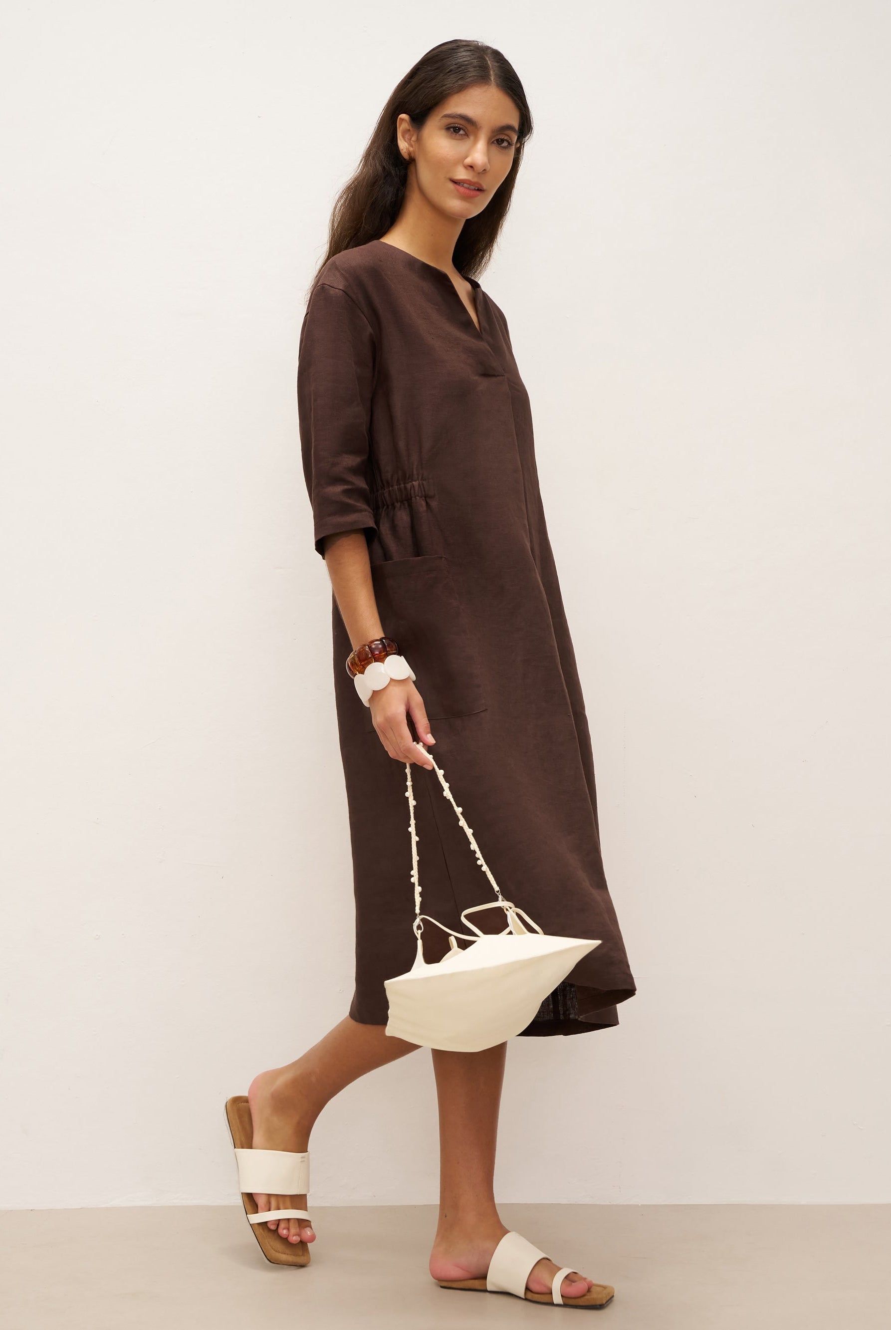 100% Linen Bell Pocket Midi Dress EVELINA - DRESSES-Linen