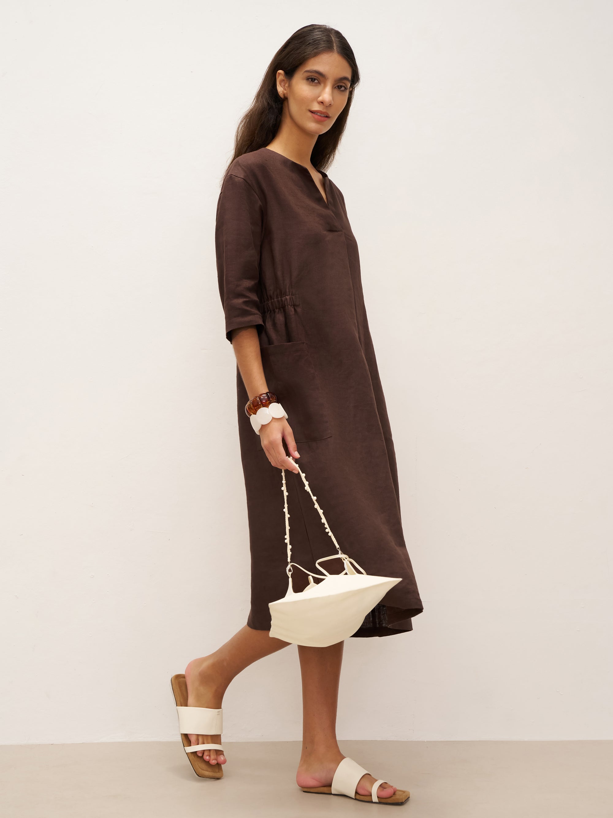 100% Linen Bell Pocket Midi Dress EVELINA - DRESSES-Linen