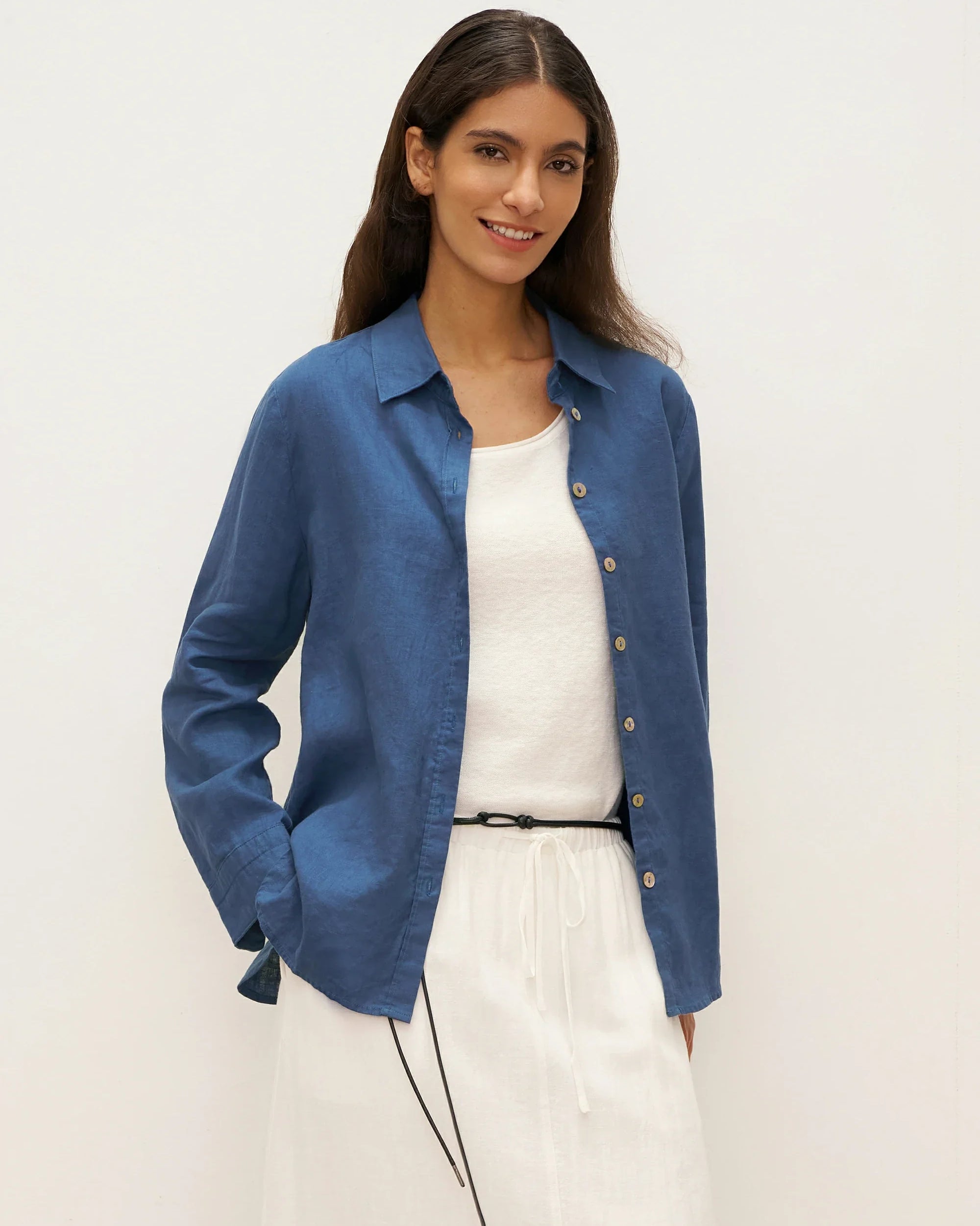 100% Linen Button-Front Shirt with Extended Hem JOVAN - TOPS-Linen Button Down Shirts