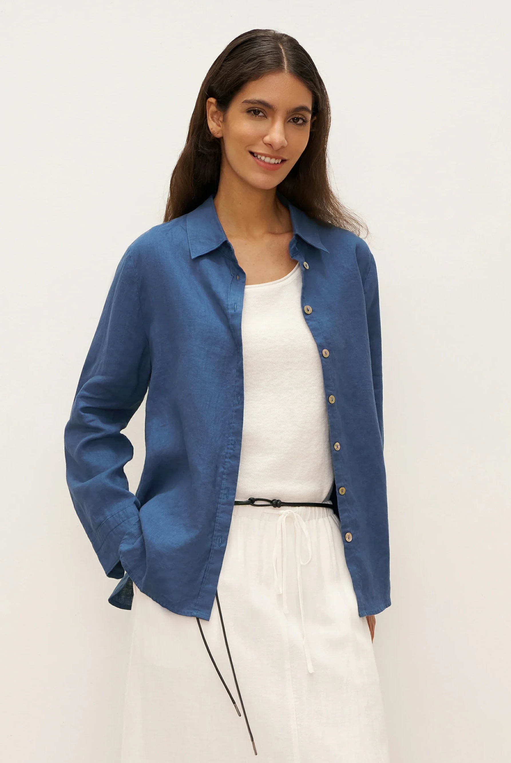 100% Linen Button-Front Shirt with Extended Hem JOVAN - TOPS-Linen Button Down Shirts