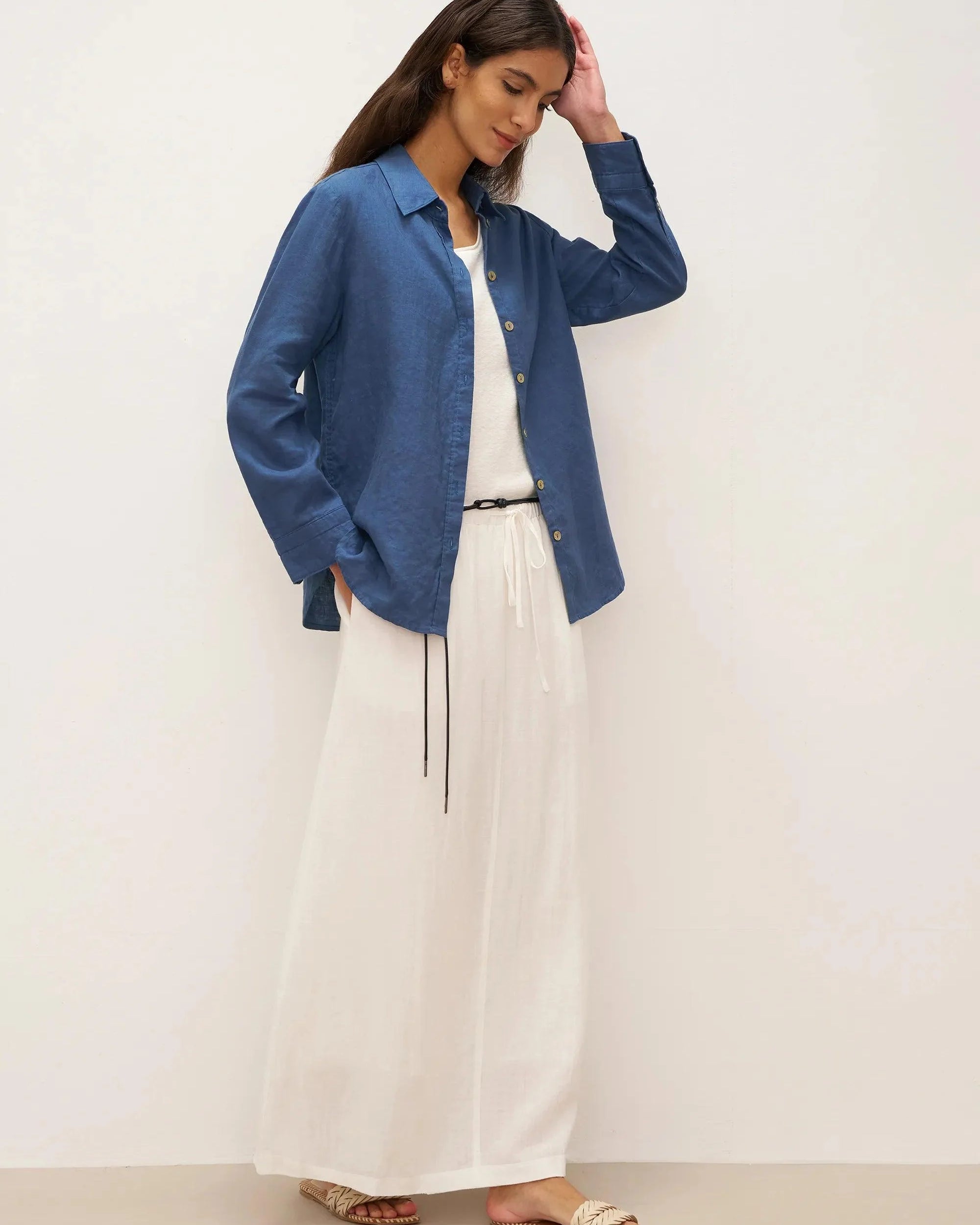 100% Linen Button-Front Shirt with Extended Hem JOVAN - TOPS-Linen Button Down Shirts