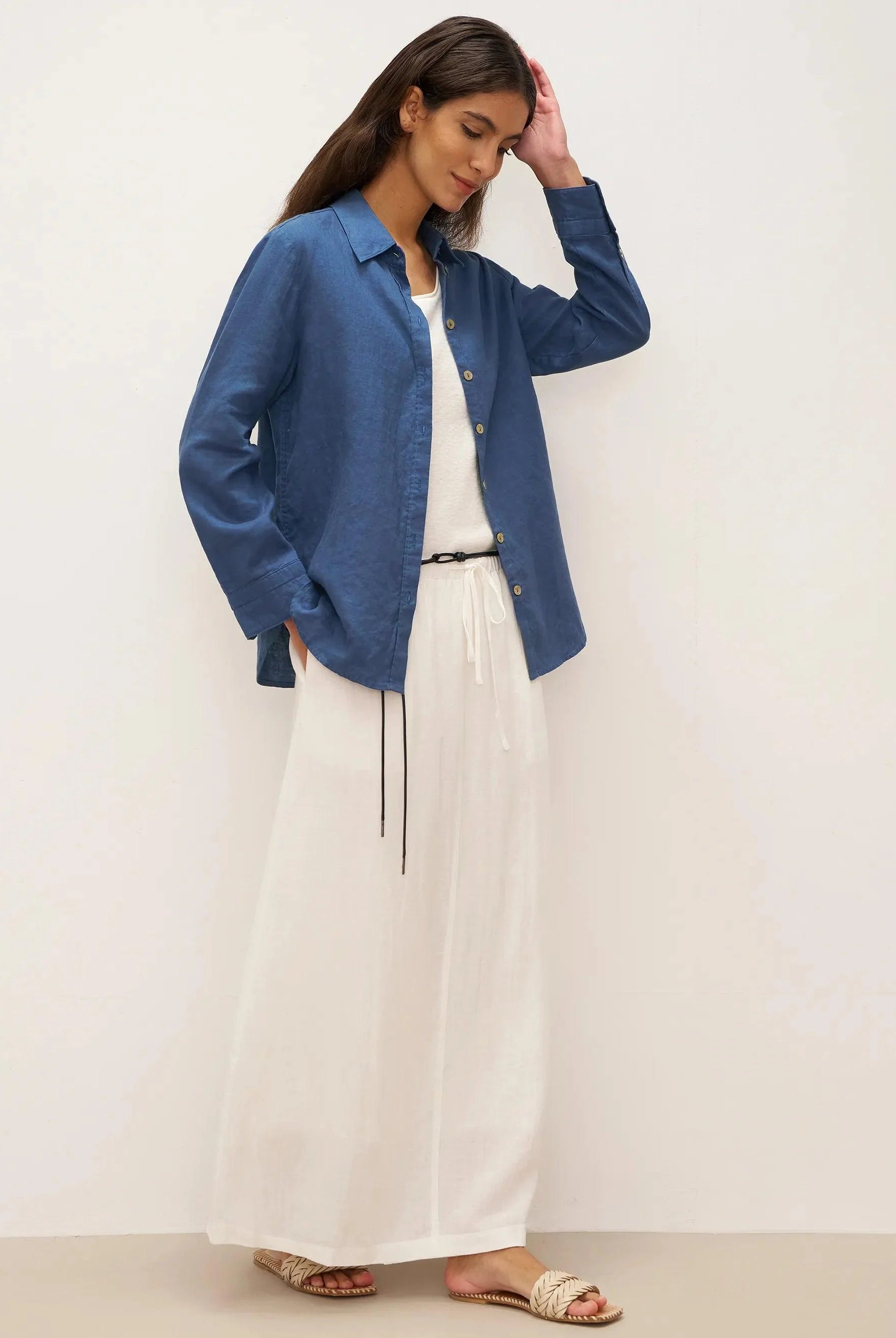 100% Linen Button-Front Shirt with Extended Hem JOVAN - TOPS-Linen Button Down Shirts