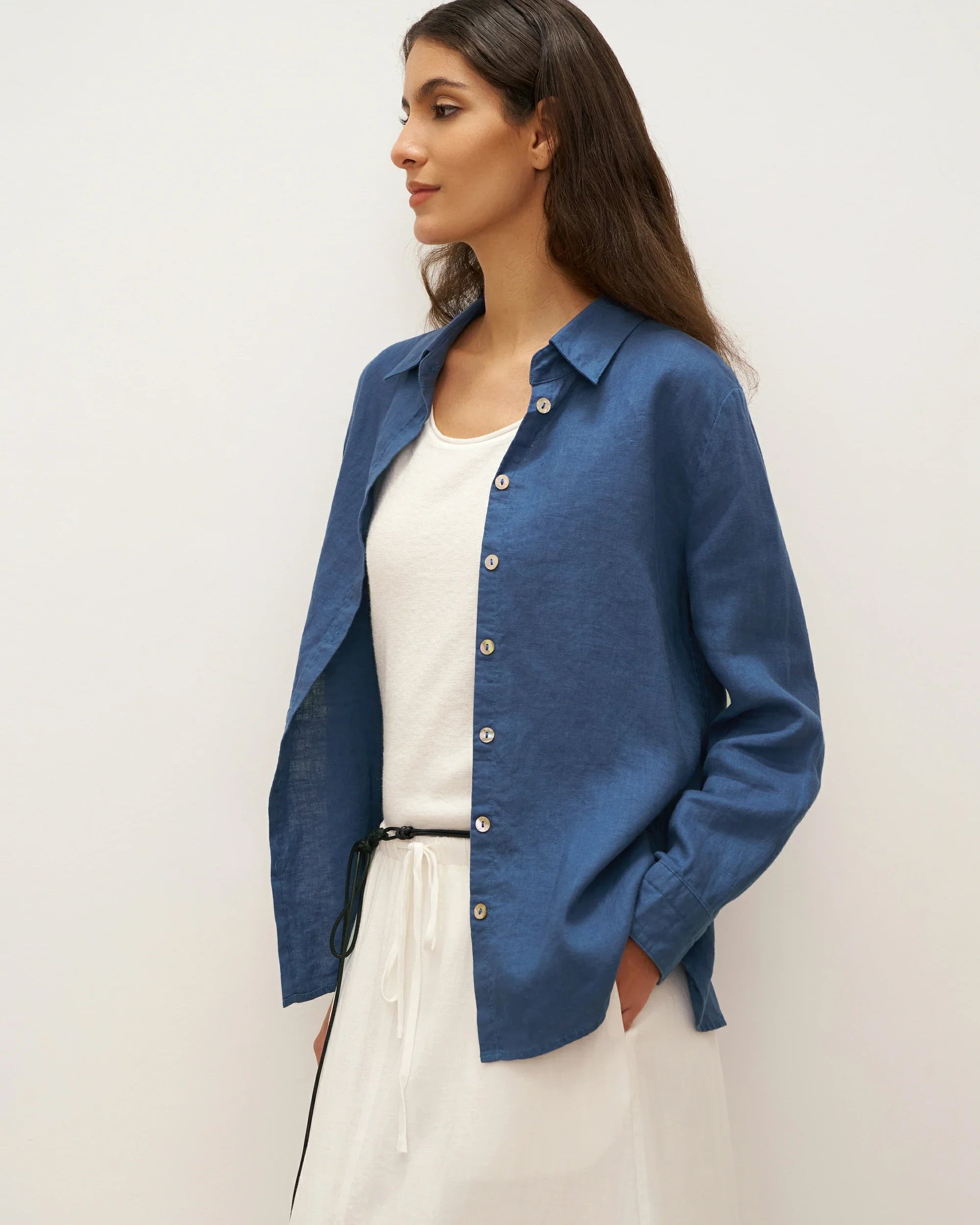 100% Linen Button-Front Shirt with Extended Hem JOVAN - TOPS-Linen Button Down Shirts