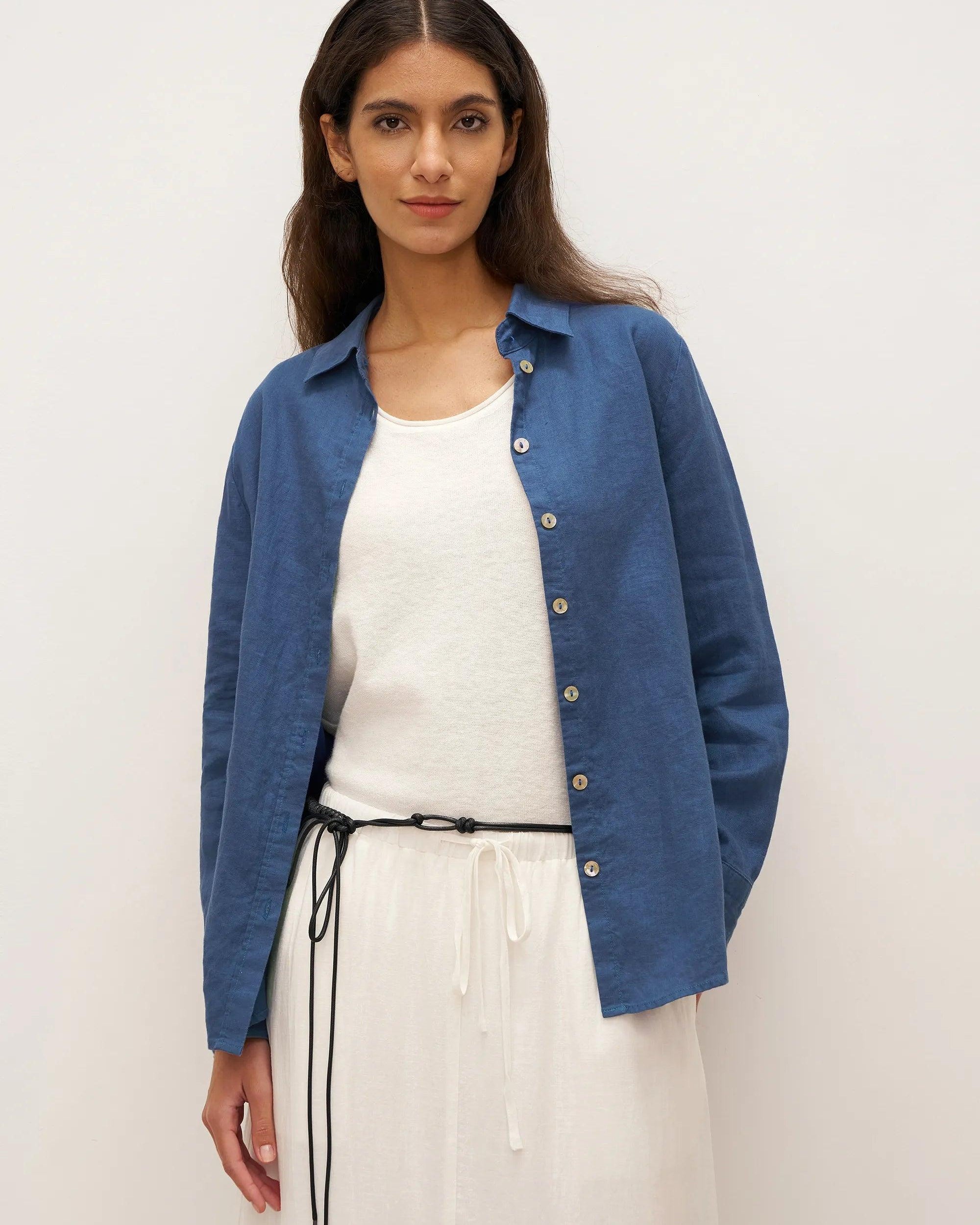 100% Linen Button-Front Shirt with Extended Hem JOVAN - Nautical Blue / S - TOPS-Linen Button Down Shirts