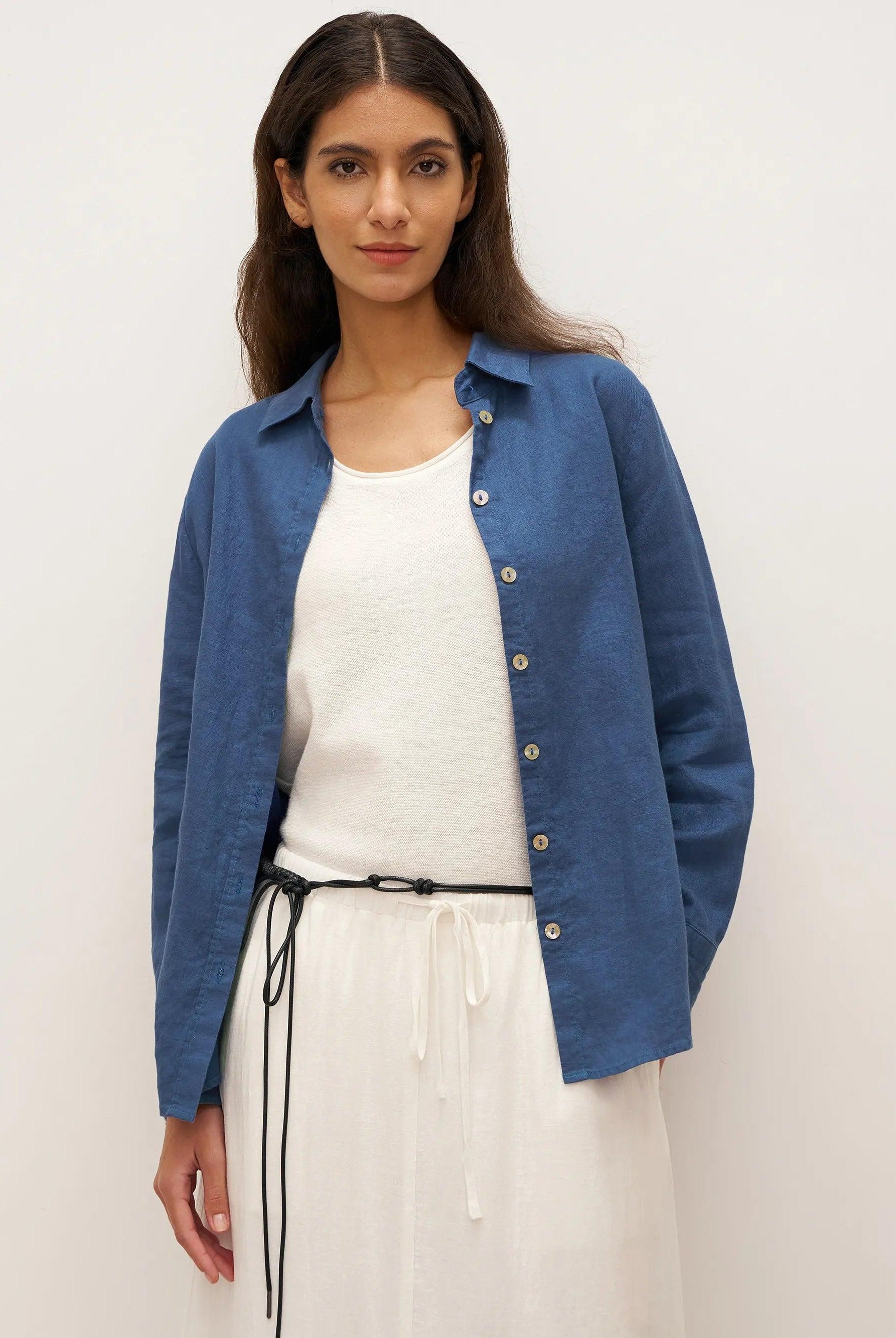 100% Linen Button-Front Shirt with Extended Hem JOVAN - Nautical Blue / S - TOPS-Linen Button Down Shirts