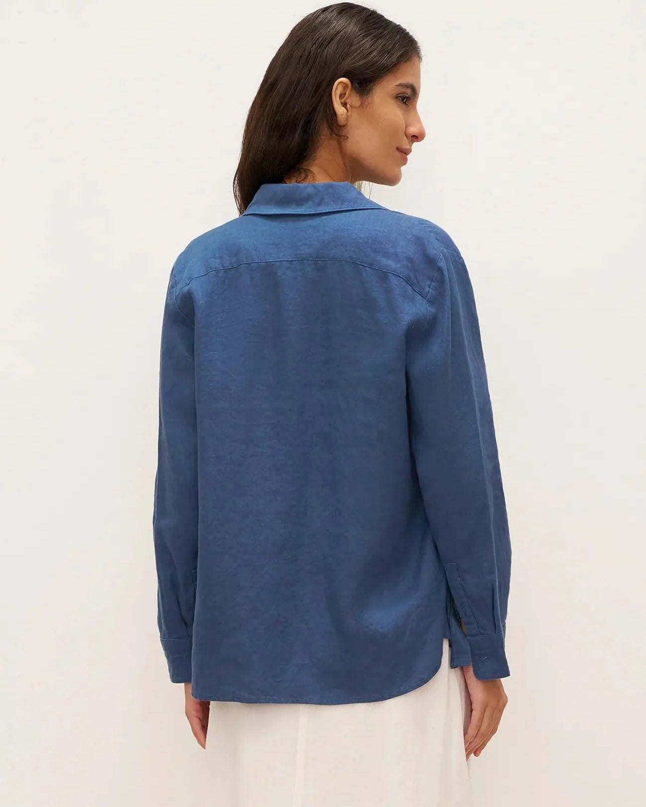 100% Linen Button-Front Shirt with Extended Hem JOVAN - TOPS-Linen Button Down Shirts