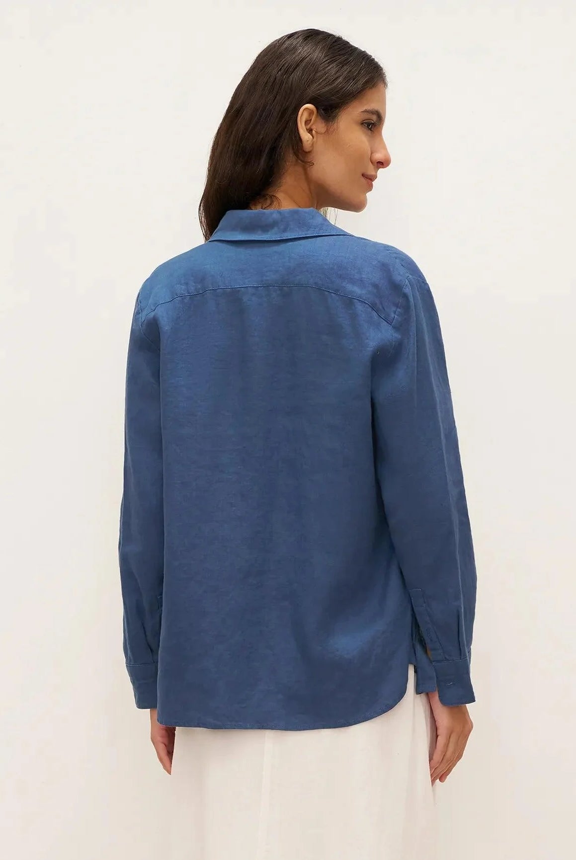 100% Linen Button-Front Shirt with Extended Hem JOVAN - TOPS-Linen Button Down Shirts