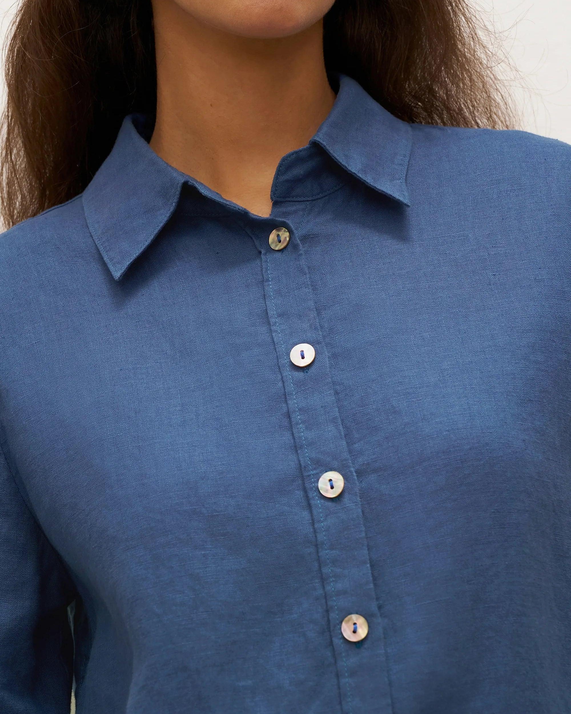 100% Linen Button-Front Shirt with Extended Hem JOVAN - TOPS-Linen Button Down Shirts