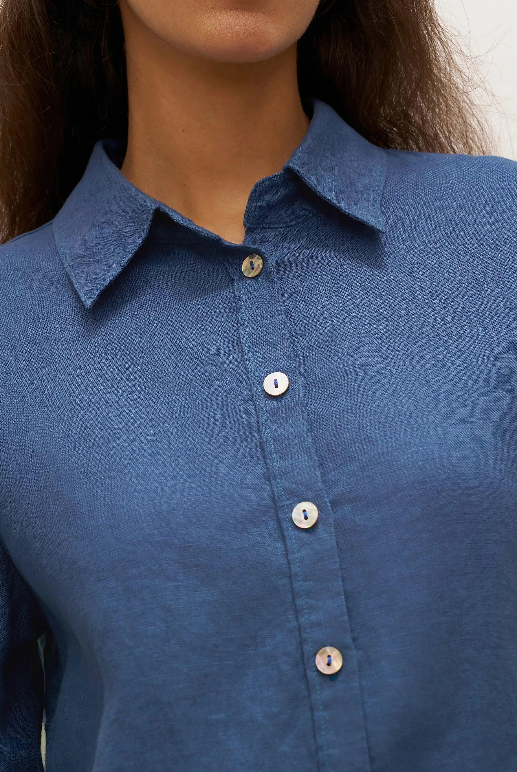 100% Linen Button-Front Shirt with Extended Hem JOVAN - TOPS-Linen Button Down Shirts