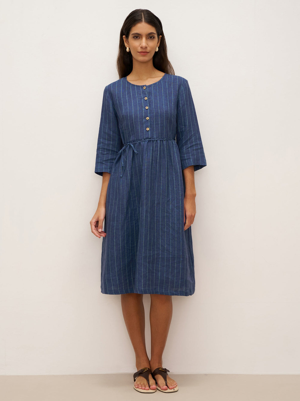 100% Linen Striped A-Line Midi Dress with Belt JULIET - Nautical Stripe / S - DRESSES-Linen