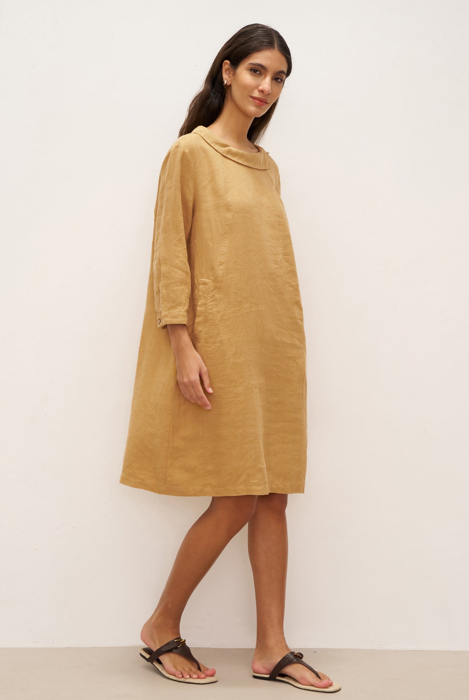 100% Linen Round Soft-Fold Collar Midi Dress DORALEE - DRESSES-Linen