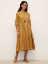 Robe midi femme DIXIE trapèze à taille coulissée en 100% lin de LINTICO