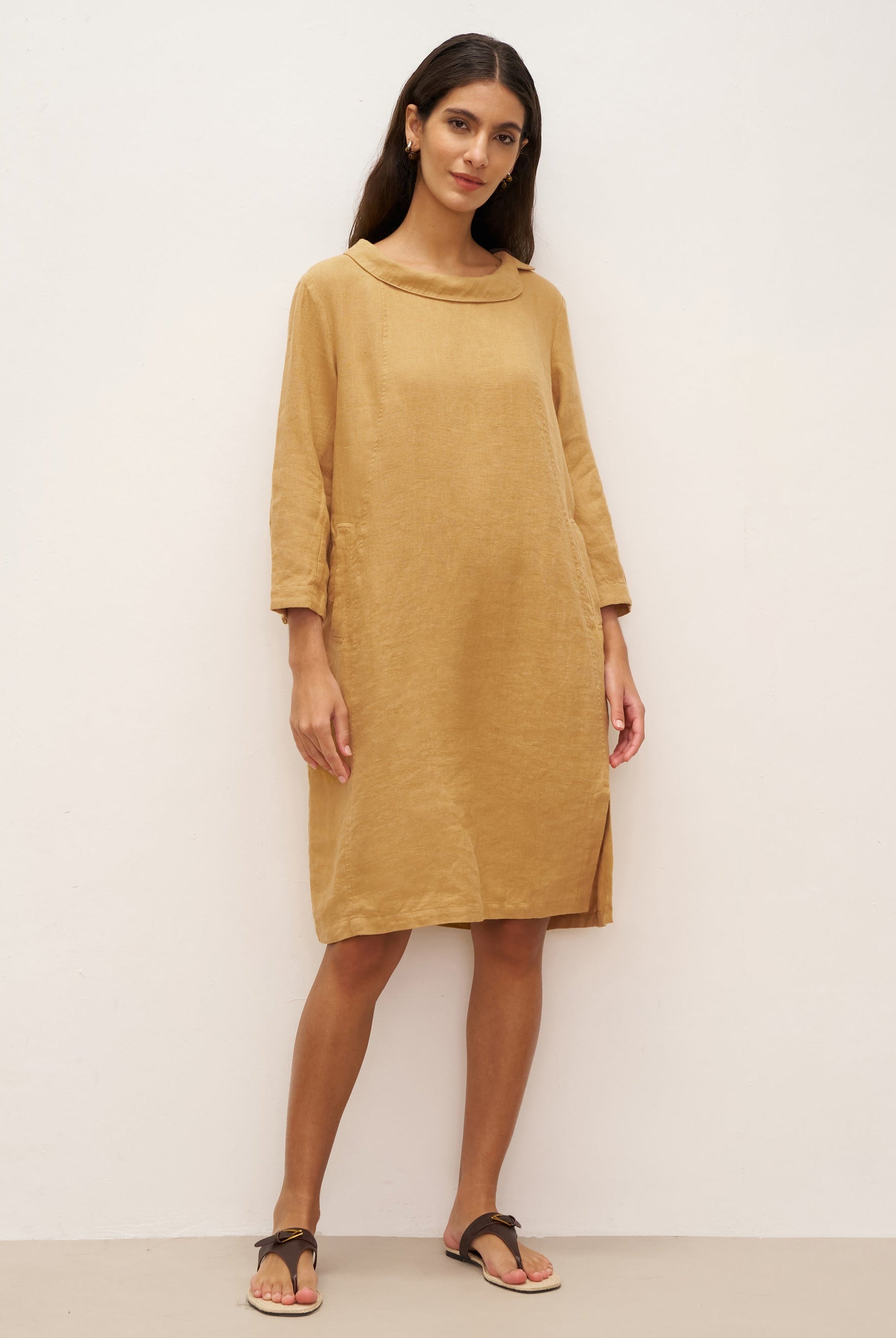 100% Linen Round Soft-Fold Collar Midi Dress DORALEE - DRESSES-Linen