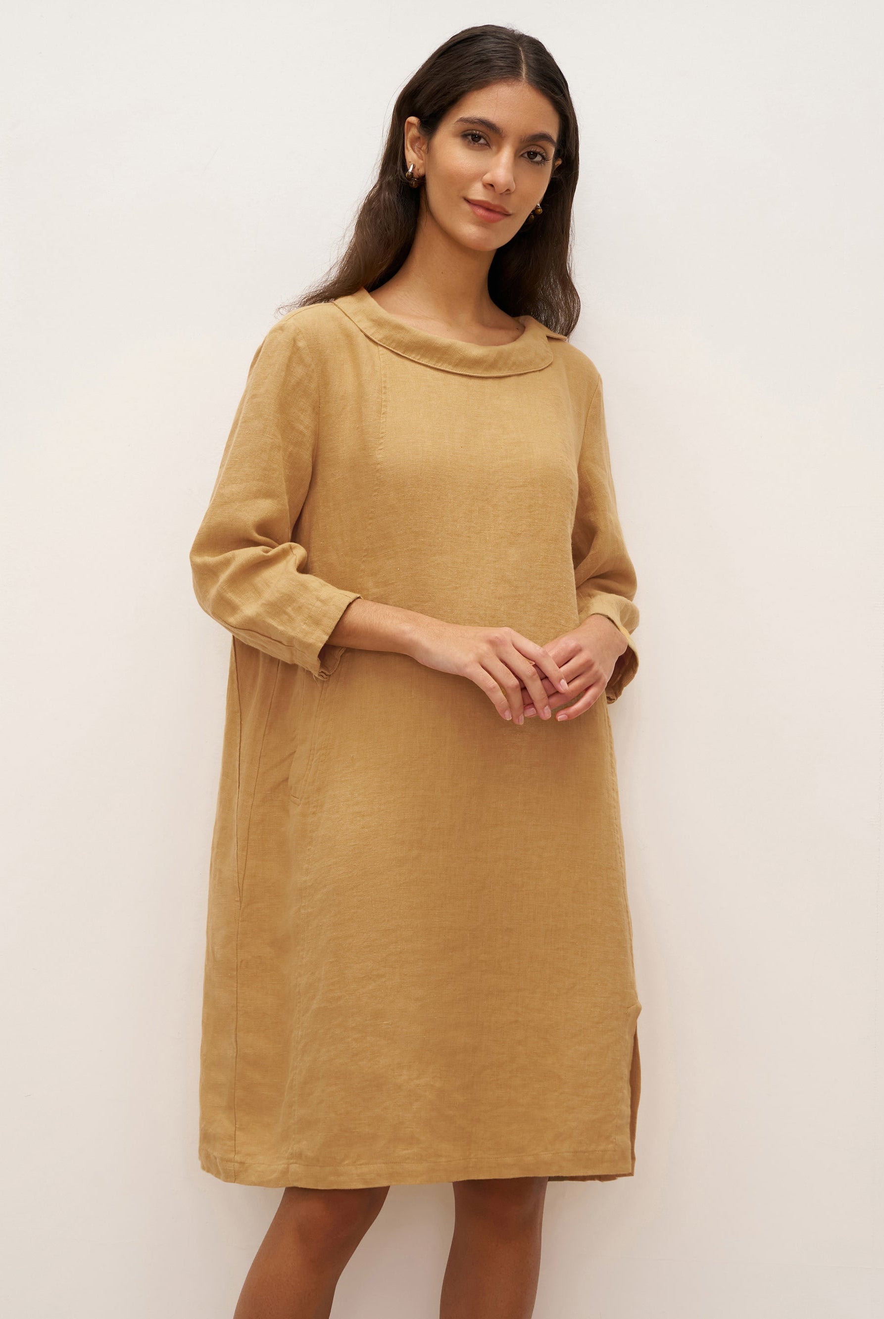 100% Linen Round Soft-Fold Collar Midi Dress DORALEE - Mellow Yellow / S - DRESSES-Linen