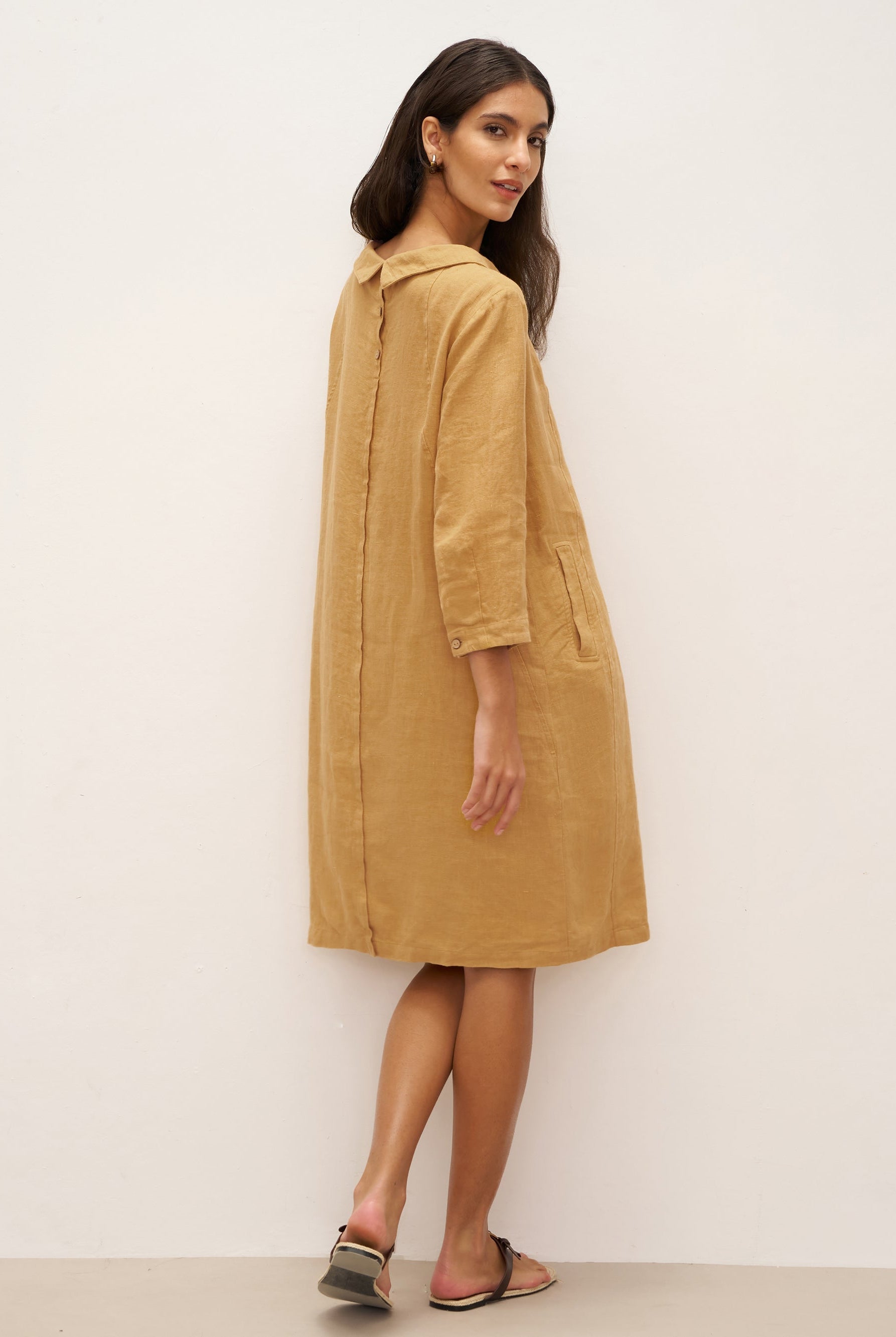 100% Linen Round Soft-Fold Collar Midi Dress DORALEE - DRESSES-Linen