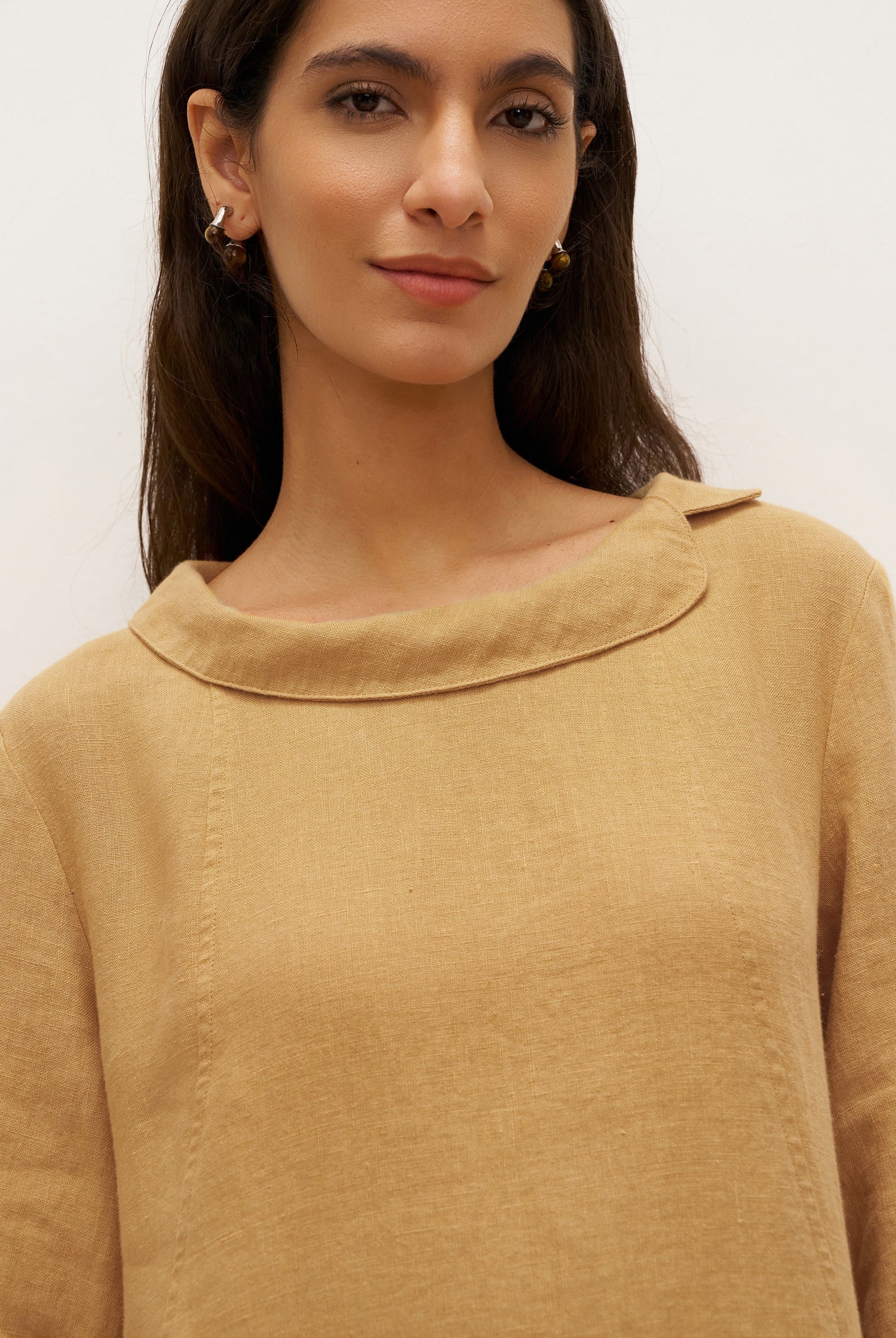 100% Linen Round Soft-Fold Collar Midi Dress DORALEE - DRESSES-Linen