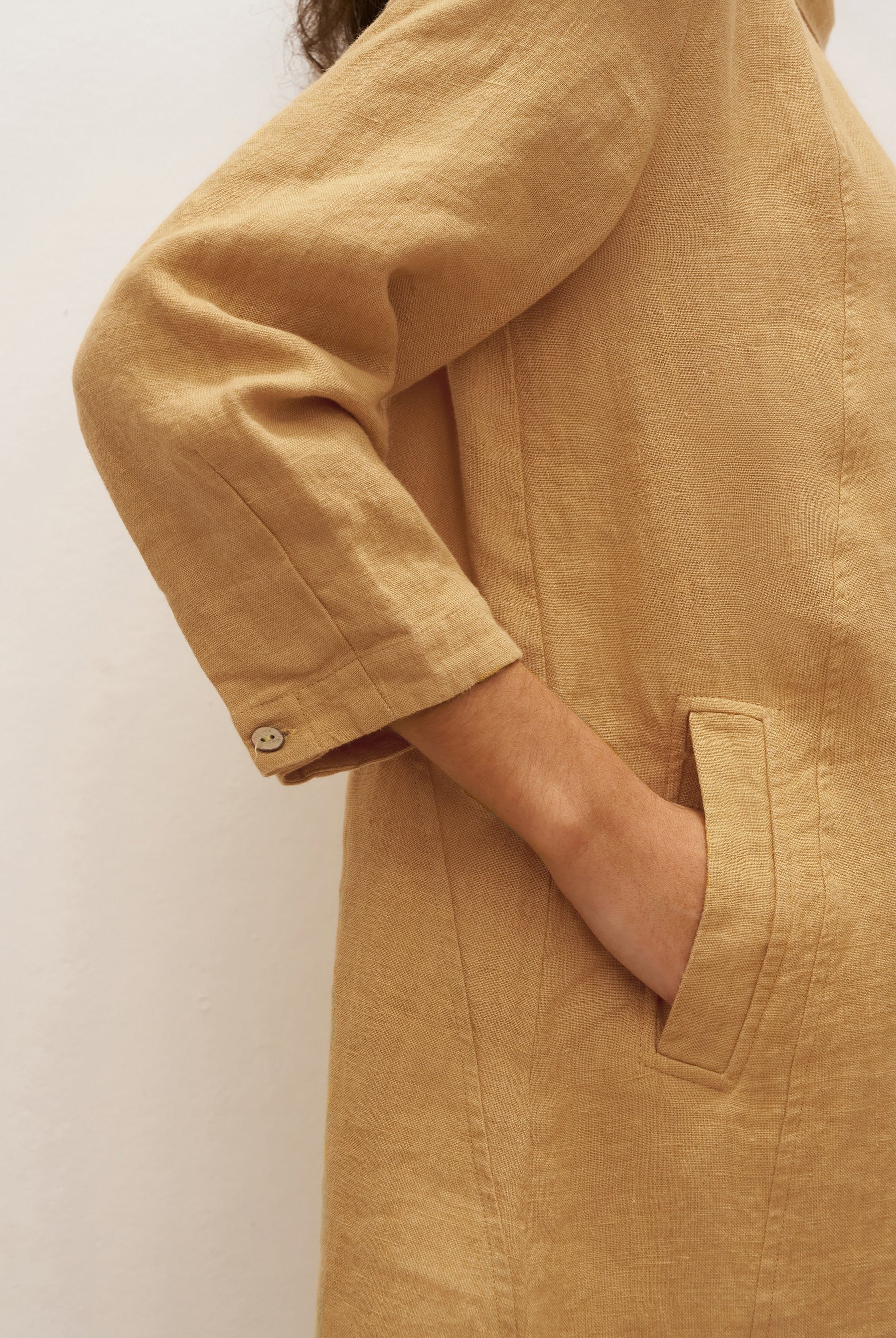 100% Linen Round Soft-Fold Collar Midi Dress DORALEE - DRESSES-Linen