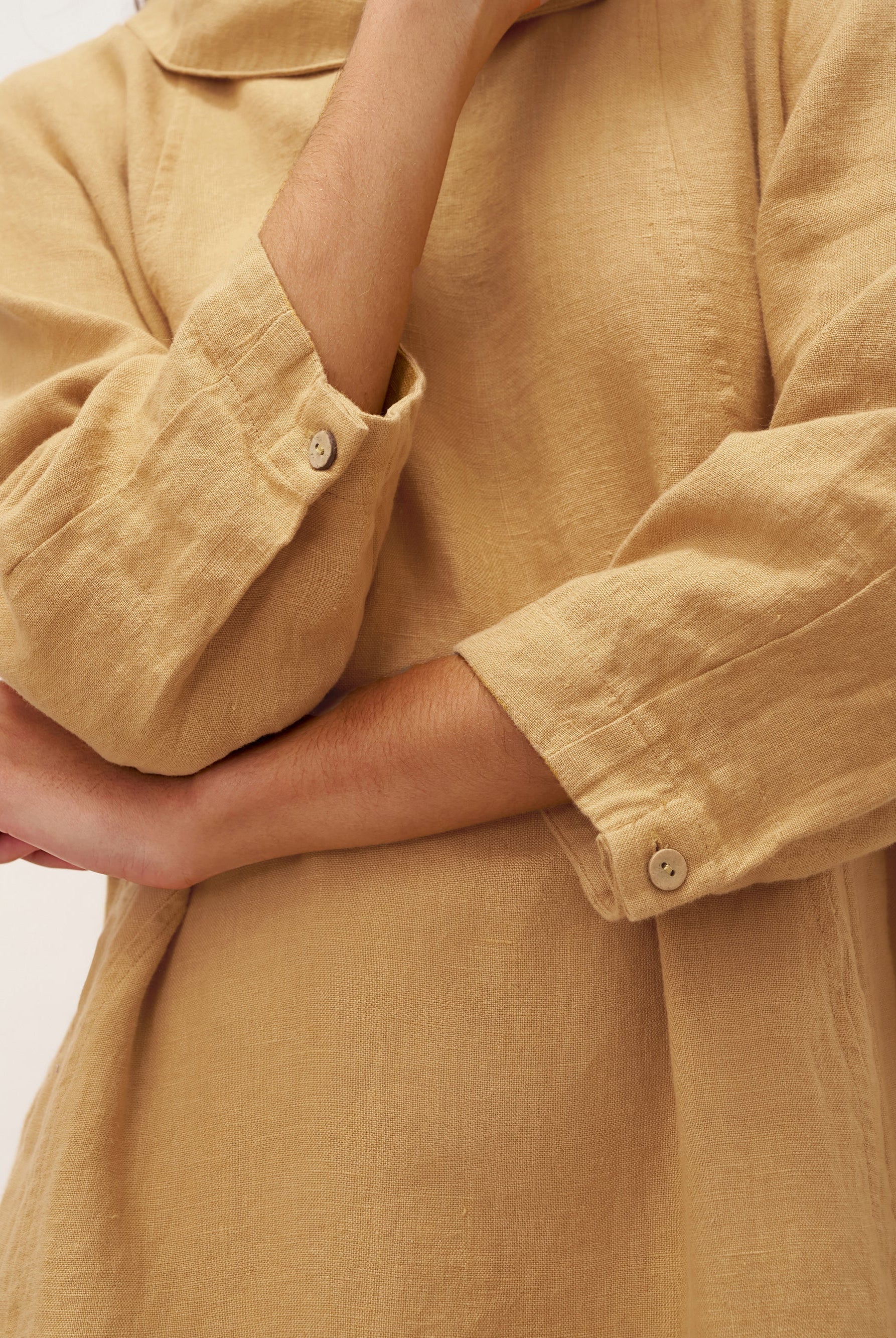 100% Linen Round Soft-Fold Collar Midi Dress DORALEE - DRESSES-Linen