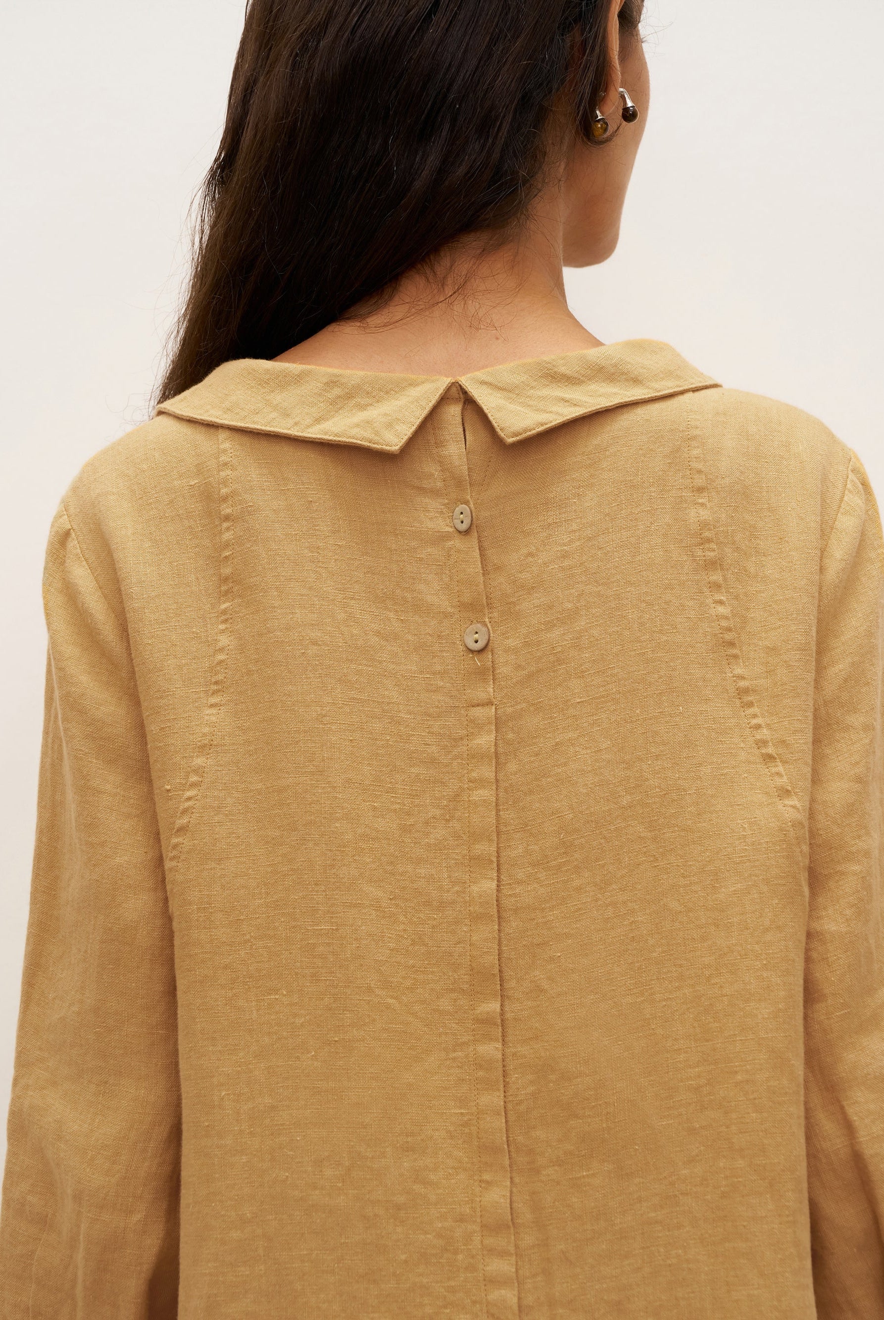 100% Linen Round Soft-Fold Collar Midi Dress DORALEE - DRESSES-Linen