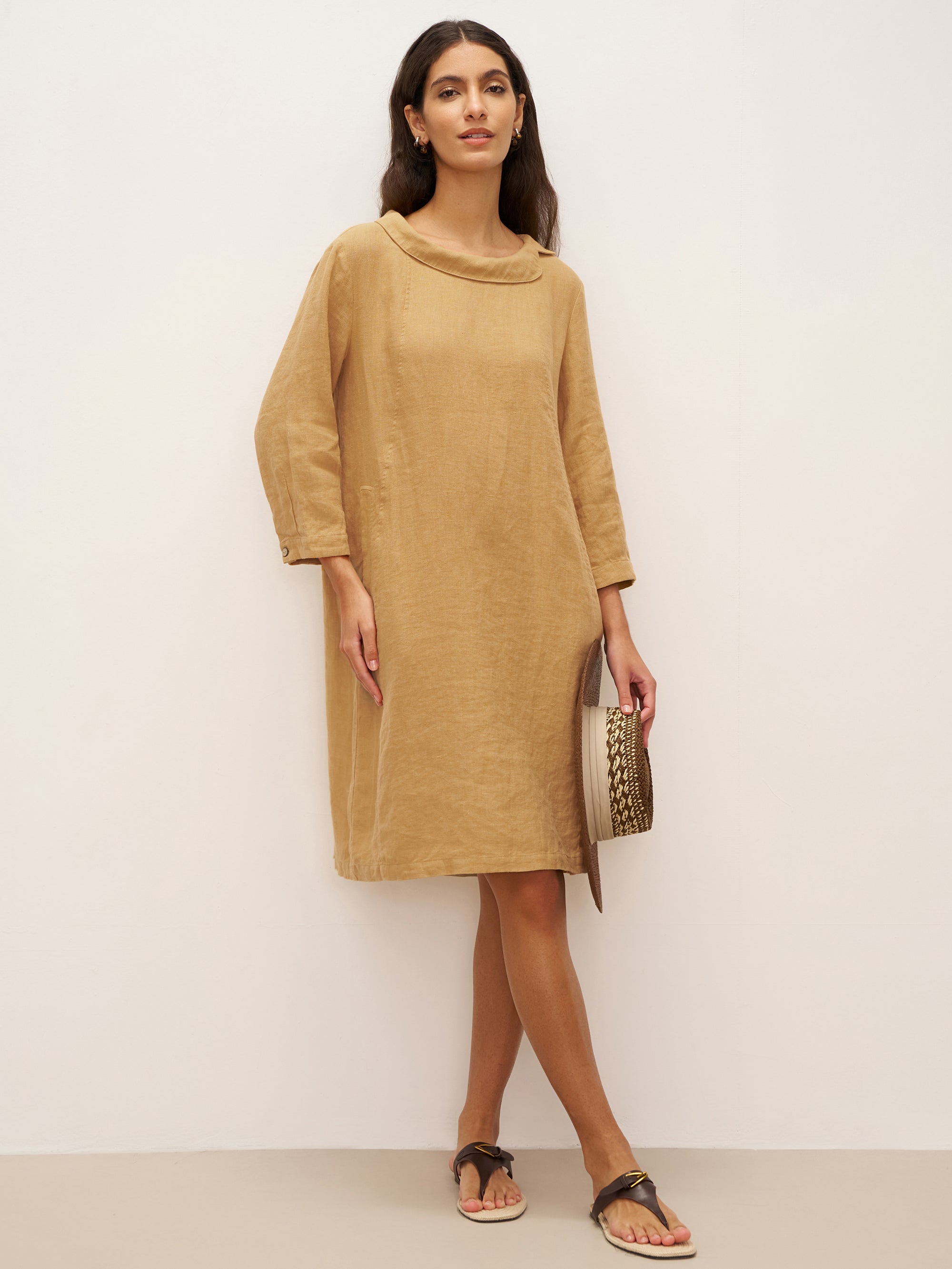 100% Linen Round Soft-Fold Collar Midi Dress DORALEE - DRESSES-Linen