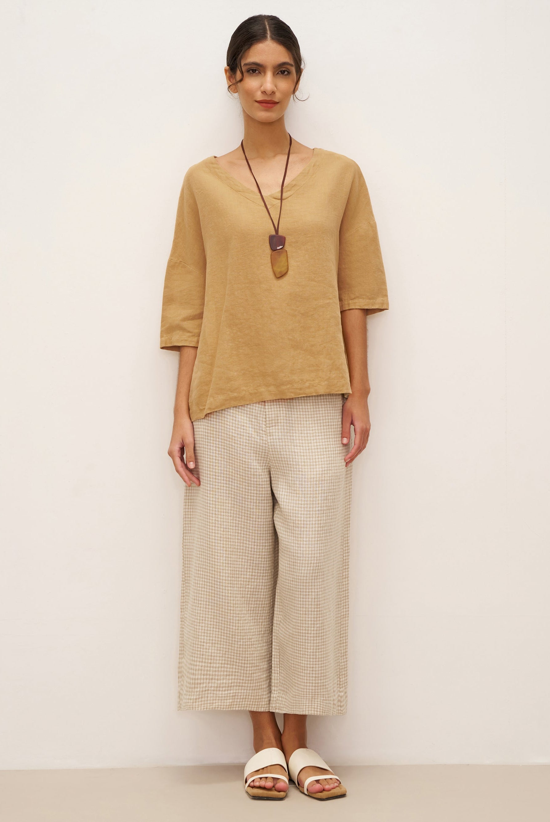 100% Linen V-Neck 3/4 Length Sleeve Top DORA - TOPS-Linen Blouses