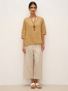 100% Linen V-Neck 3/4 Length Sleeve Top DORA - TOPS-Linen Blouses