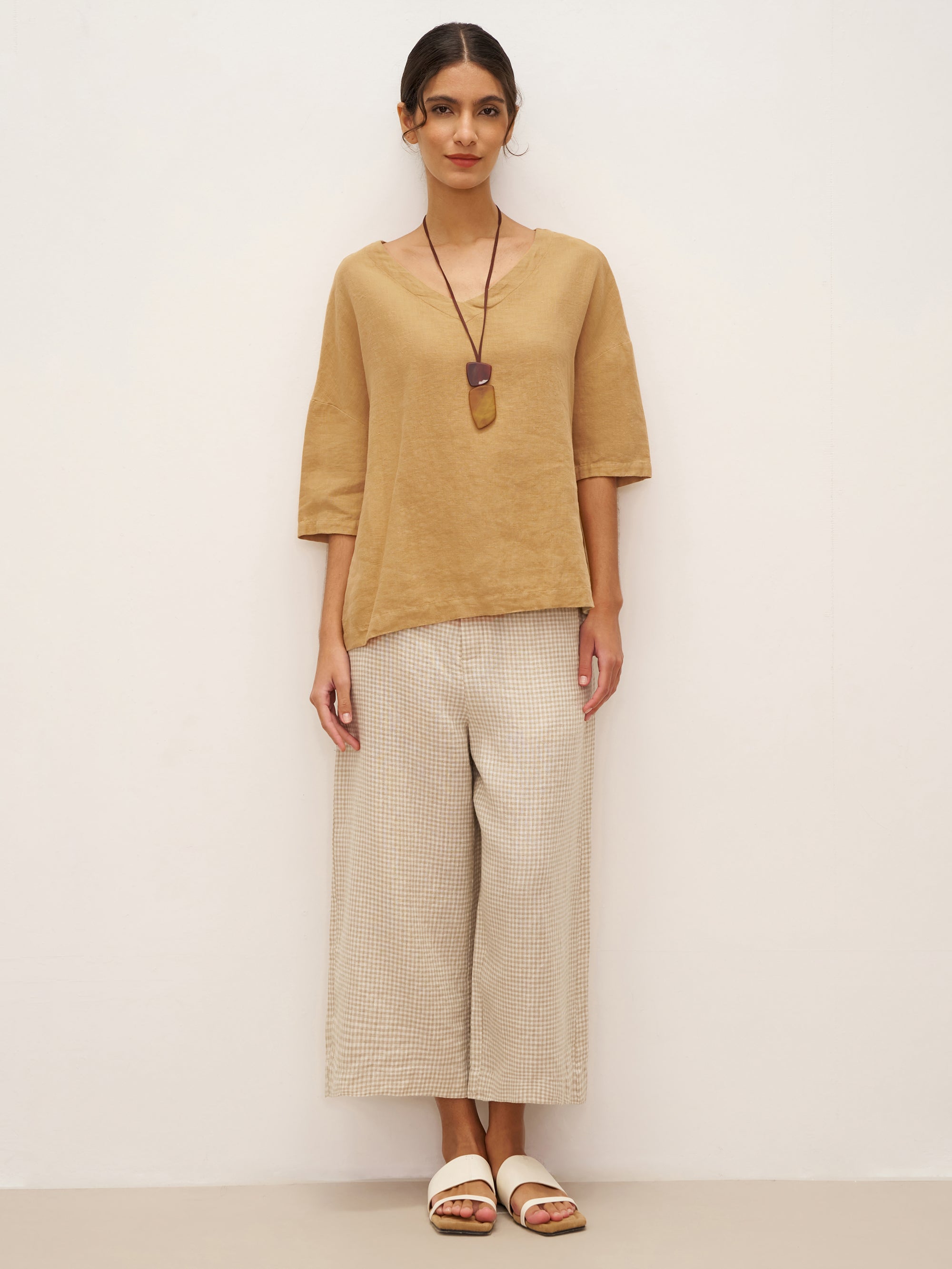 100% Linen V-Neck 3/4 Length Sleeve Top DORA - TOPS-Linen Blouses