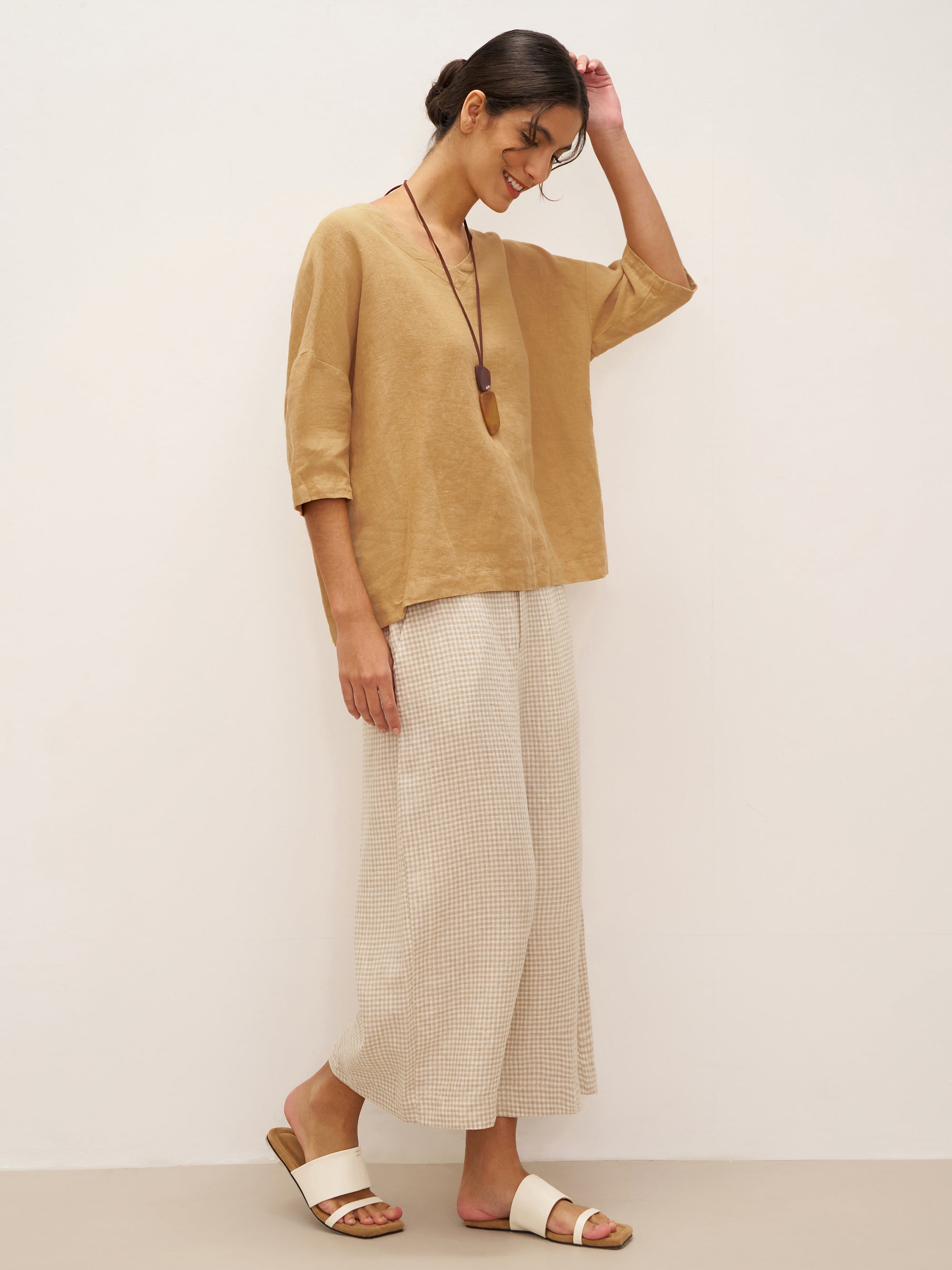 100% Linen V-Neck 3/4 Length Sleeve Top DORA - TOPS-Linen Blouses