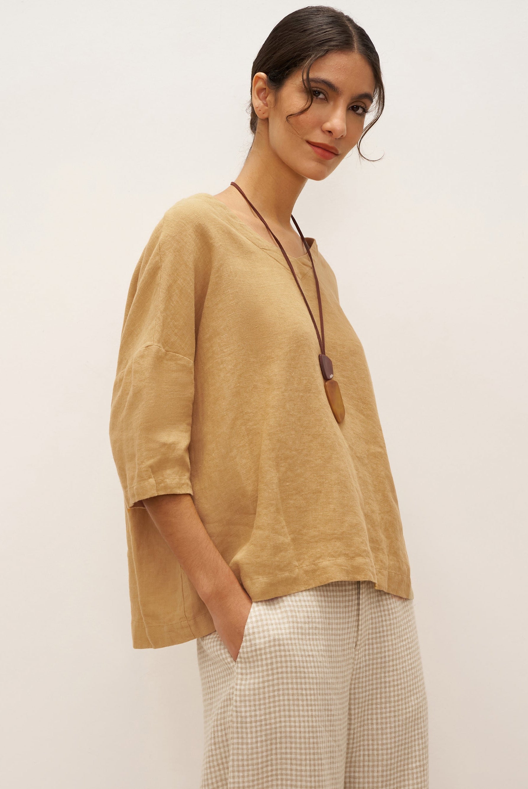 100% Linen V-Neck 3/4 Length Sleeve Top DORA - TOPS-Linen Blouses