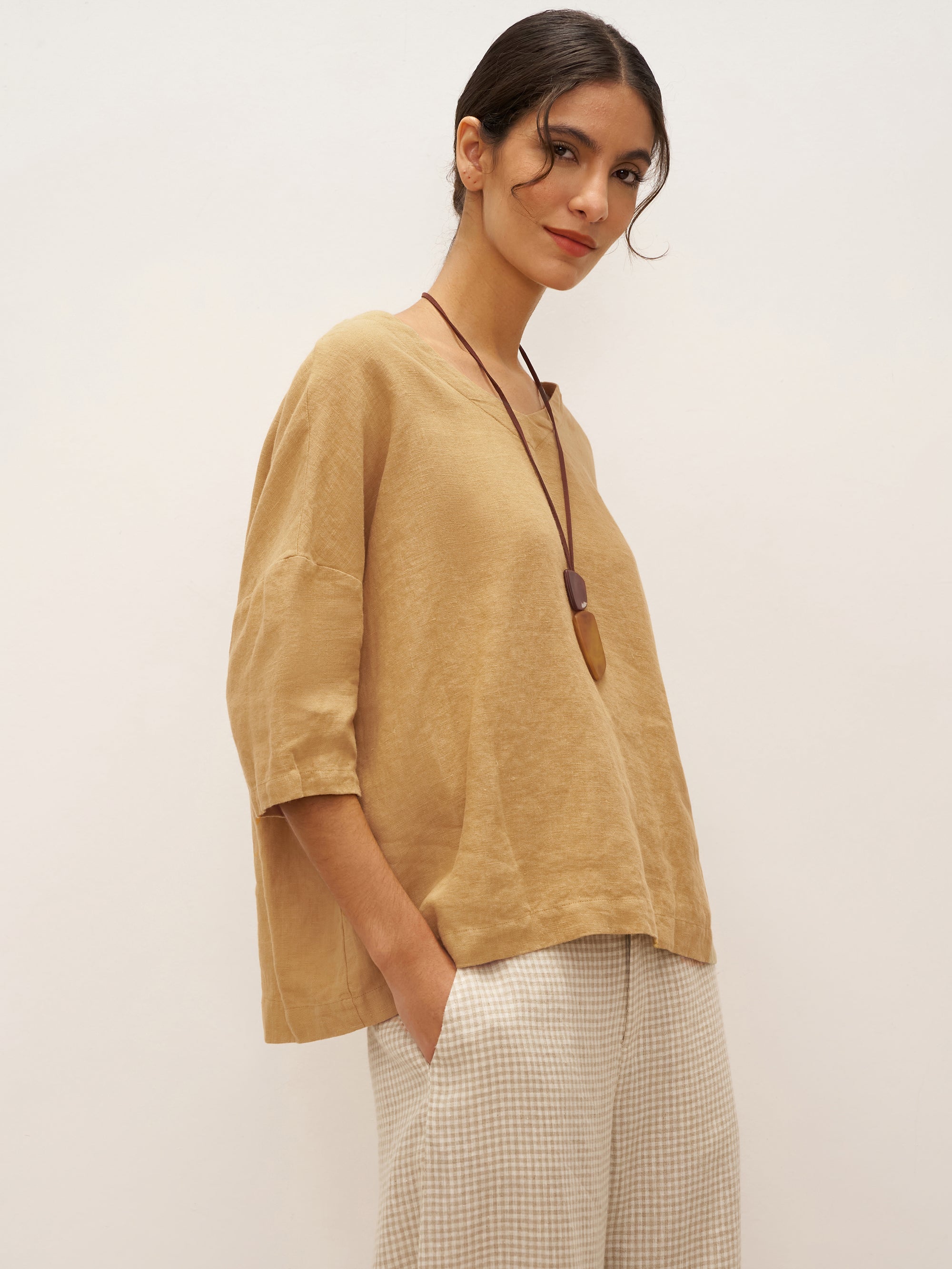 100% Linen V-Neck 3/4 Length Sleeve Top DORA - TOPS-Linen Blouses