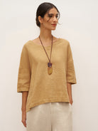 100% Linen V-Neck 3/4 Length Sleeve Top DORA - Mellow Yellow / S - TOPS-Linen Blouses
