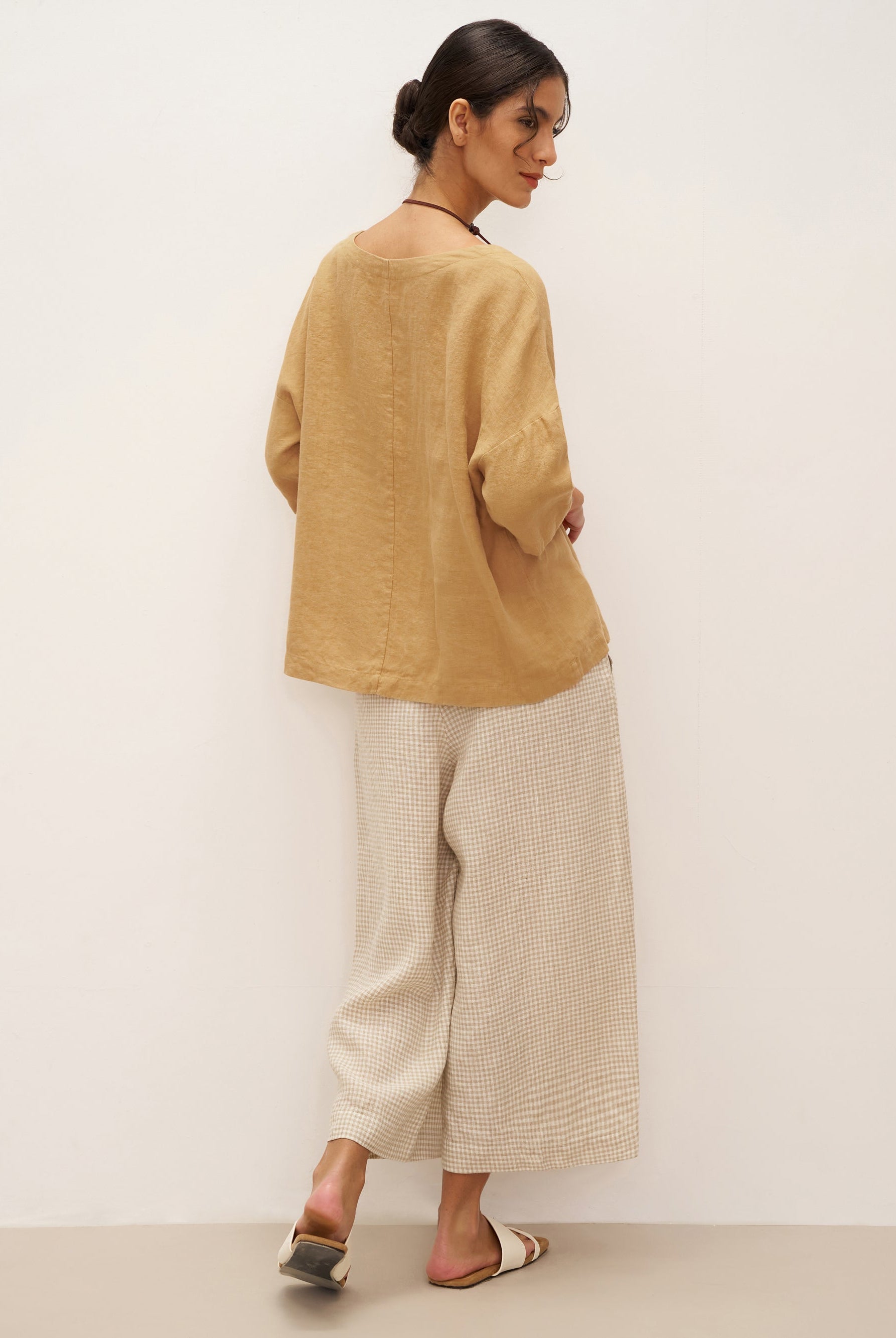 100% Linen V-Neck 3/4 Length Sleeve Top DORA - TOPS-Linen Blouses