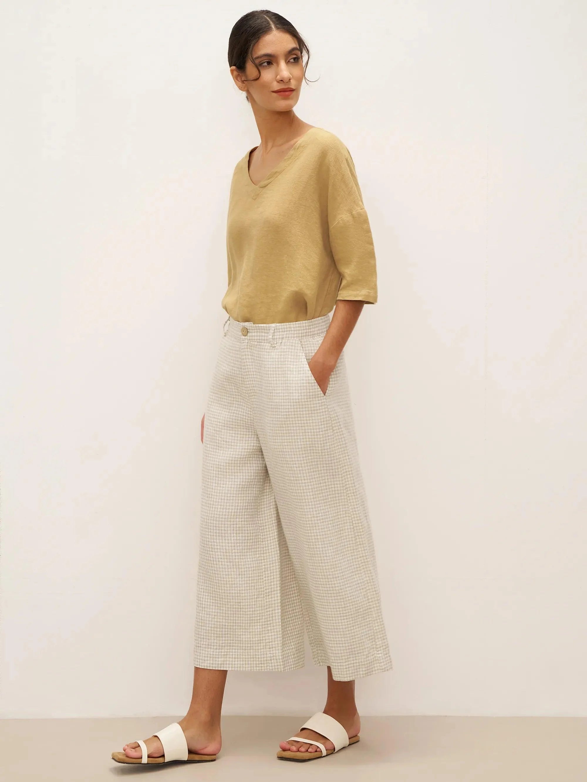 100% Linen Wide-Leg Pants with Elastic Back DILYS - BOTTOMS-Linen