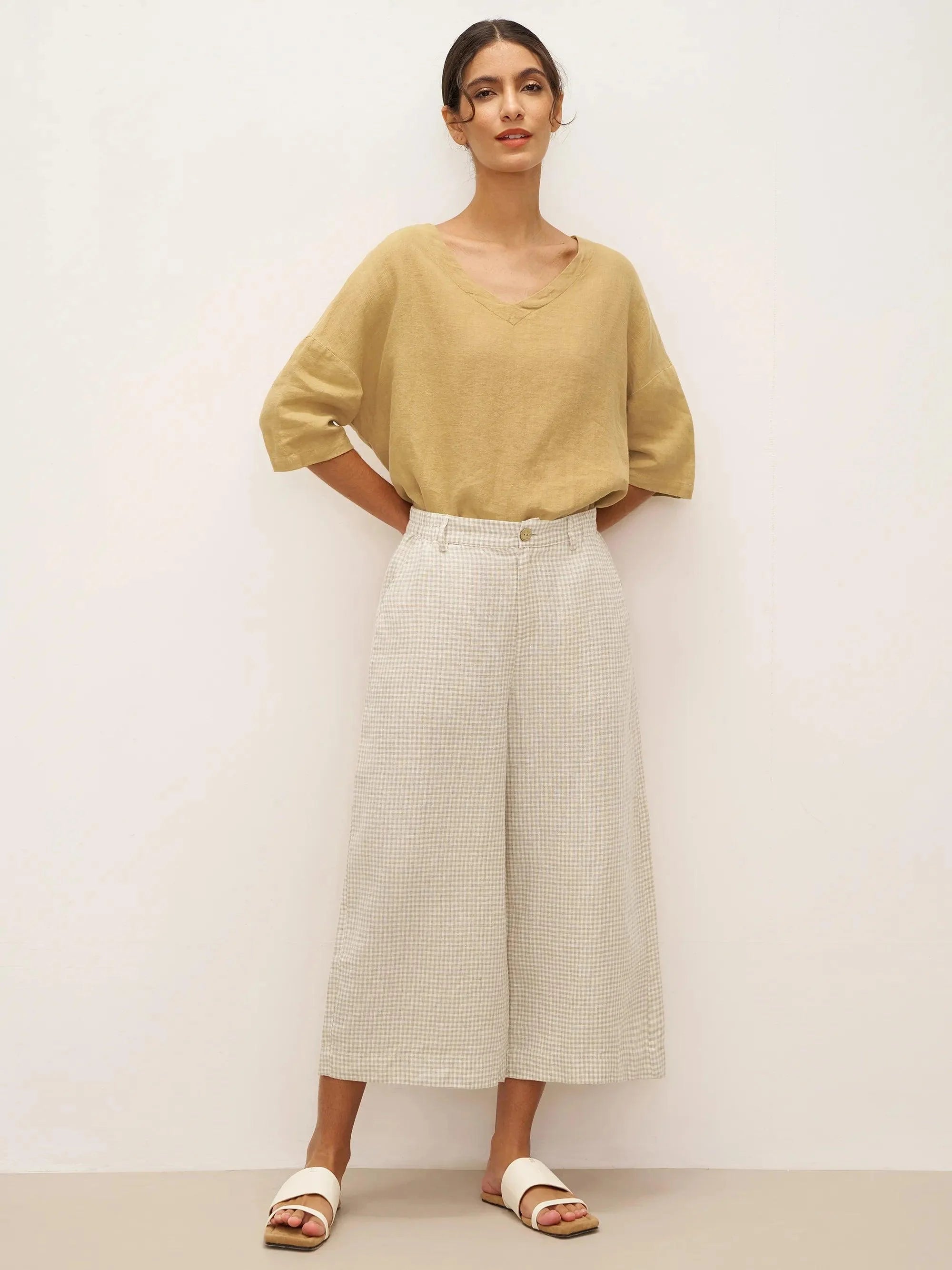 100% Linen Wide-Leg Pants with Elastic Back DILYS - BOTTOMS-Linen