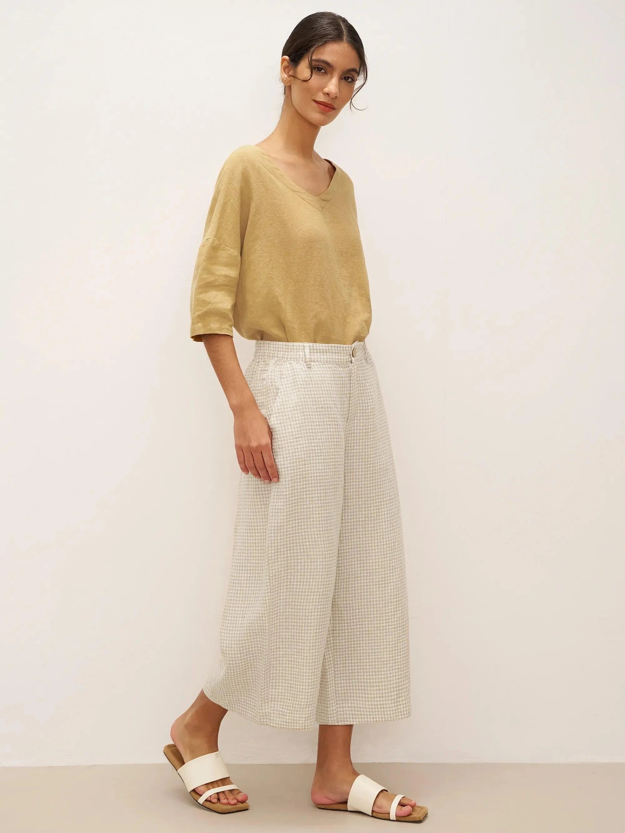 100% Linen Wide-Leg Pants with Elastic Back DILYS - BOTTOMS-Linen