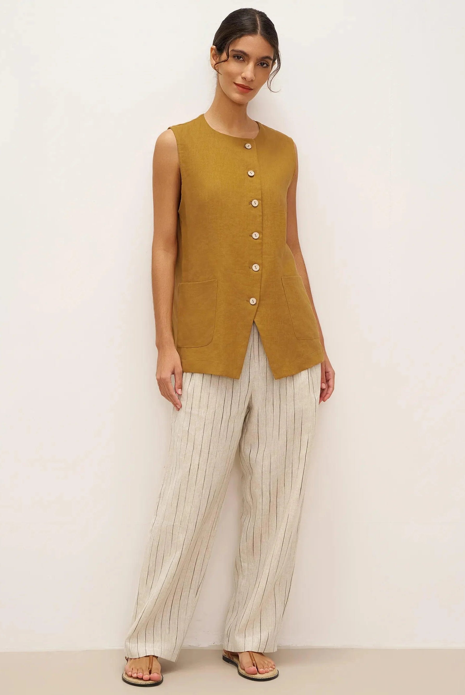 100% Linen Arc-Placket Button-Front Vest ELFRIDA - TOPS-Linen Tanks