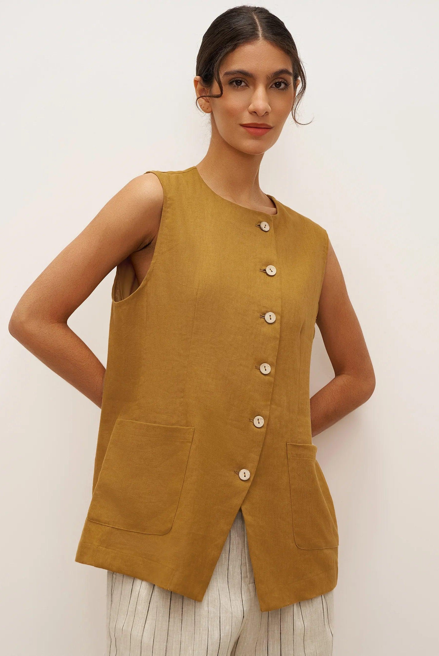 100% Linen Arc-Placket Button-Front Vest ELFRIDA - TOPS-Linen Tanks