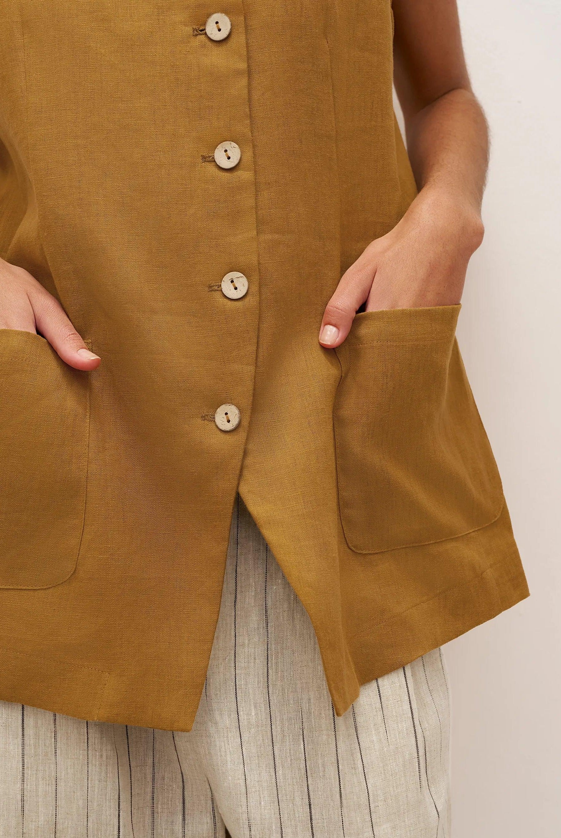 100% Linen Arc-Placket Button-Front Vest ELFRIDA - TOPS-Linen Tanks