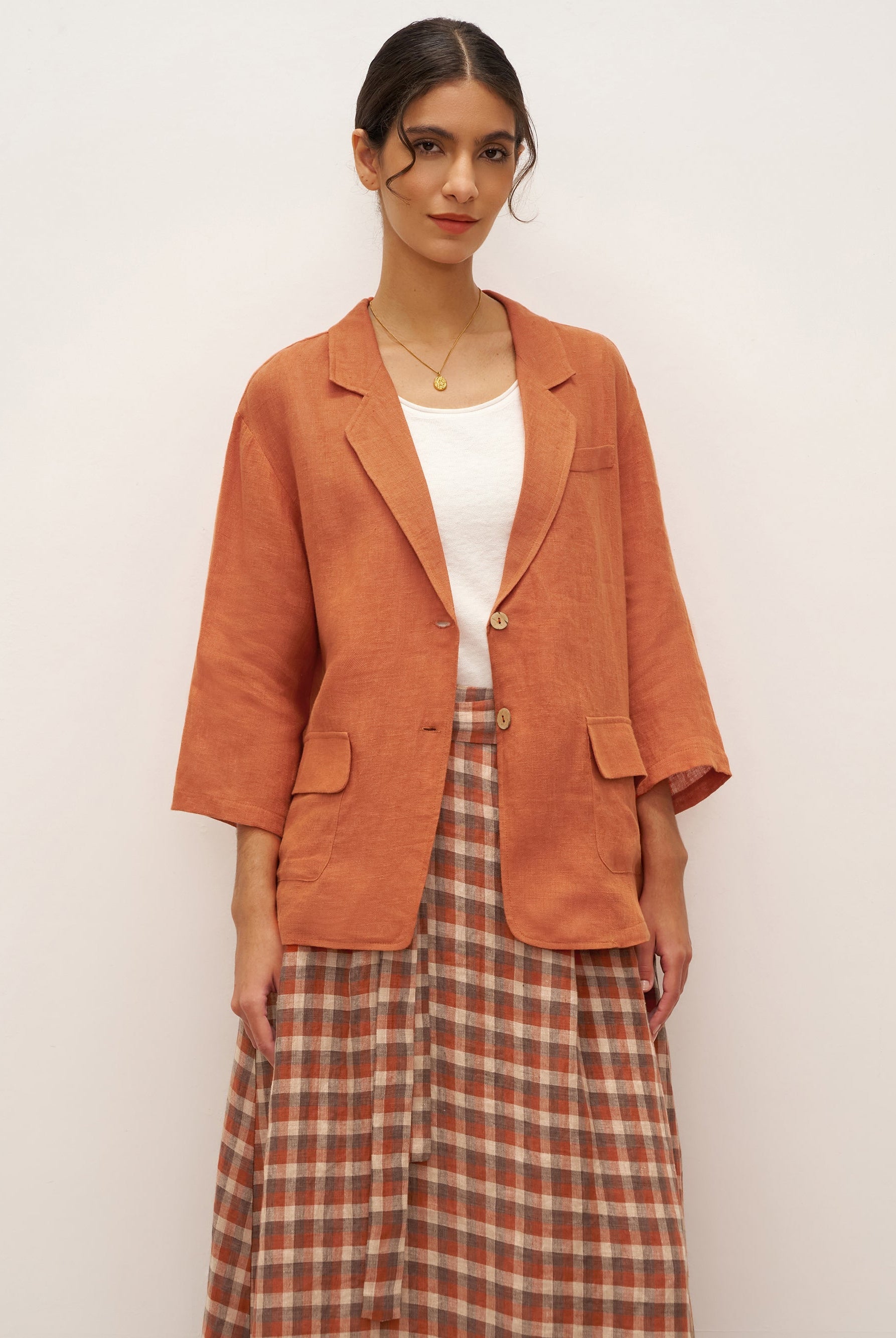 100% Linen 3/4 Sleeve Drop Shoulder Blazer DARA - TOPS-Linen Jackets