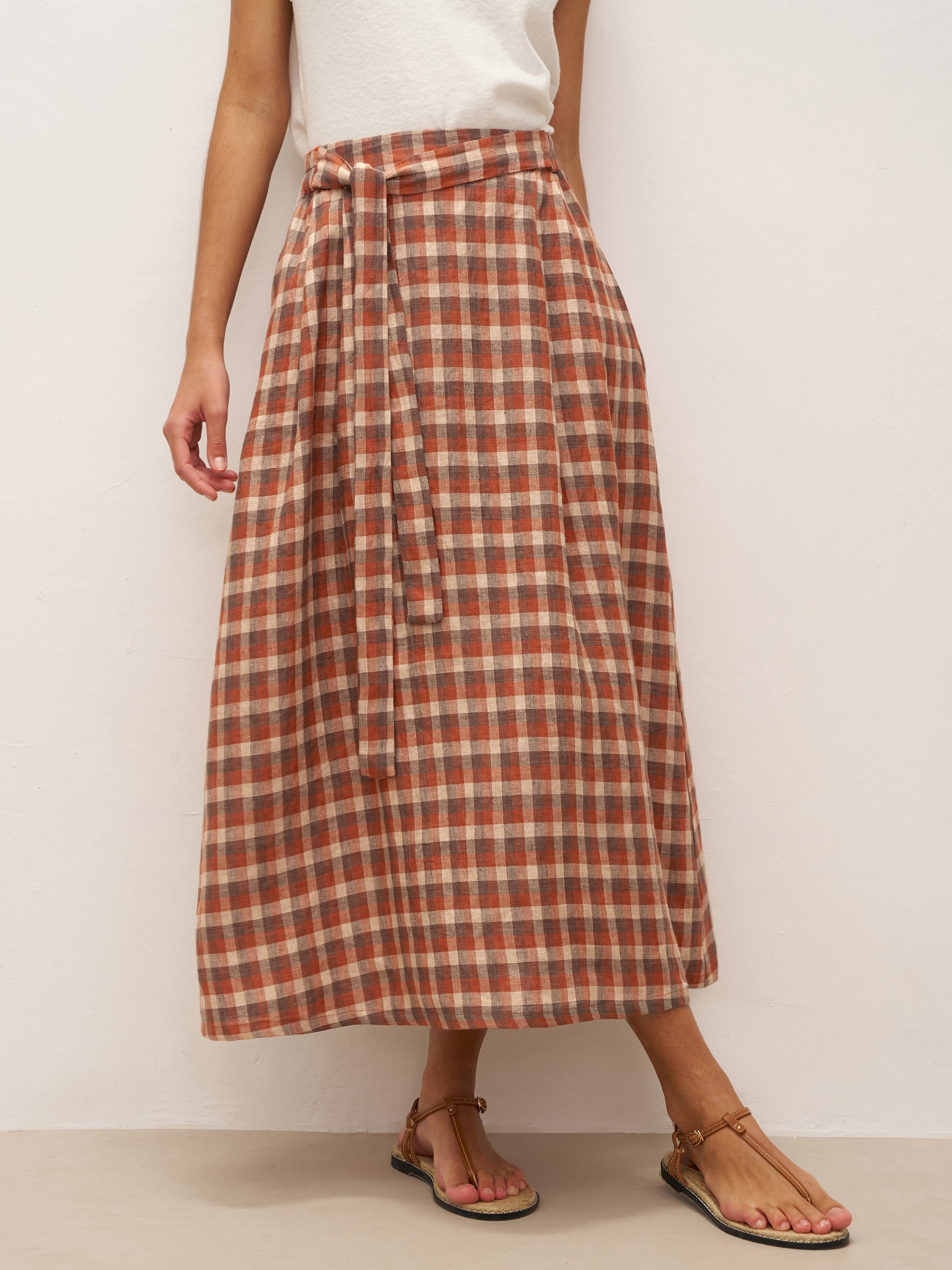 100% Linen A-Line Tie-Waist Checked Skirt DANIELE - BOTTOMS-Linen Skirts