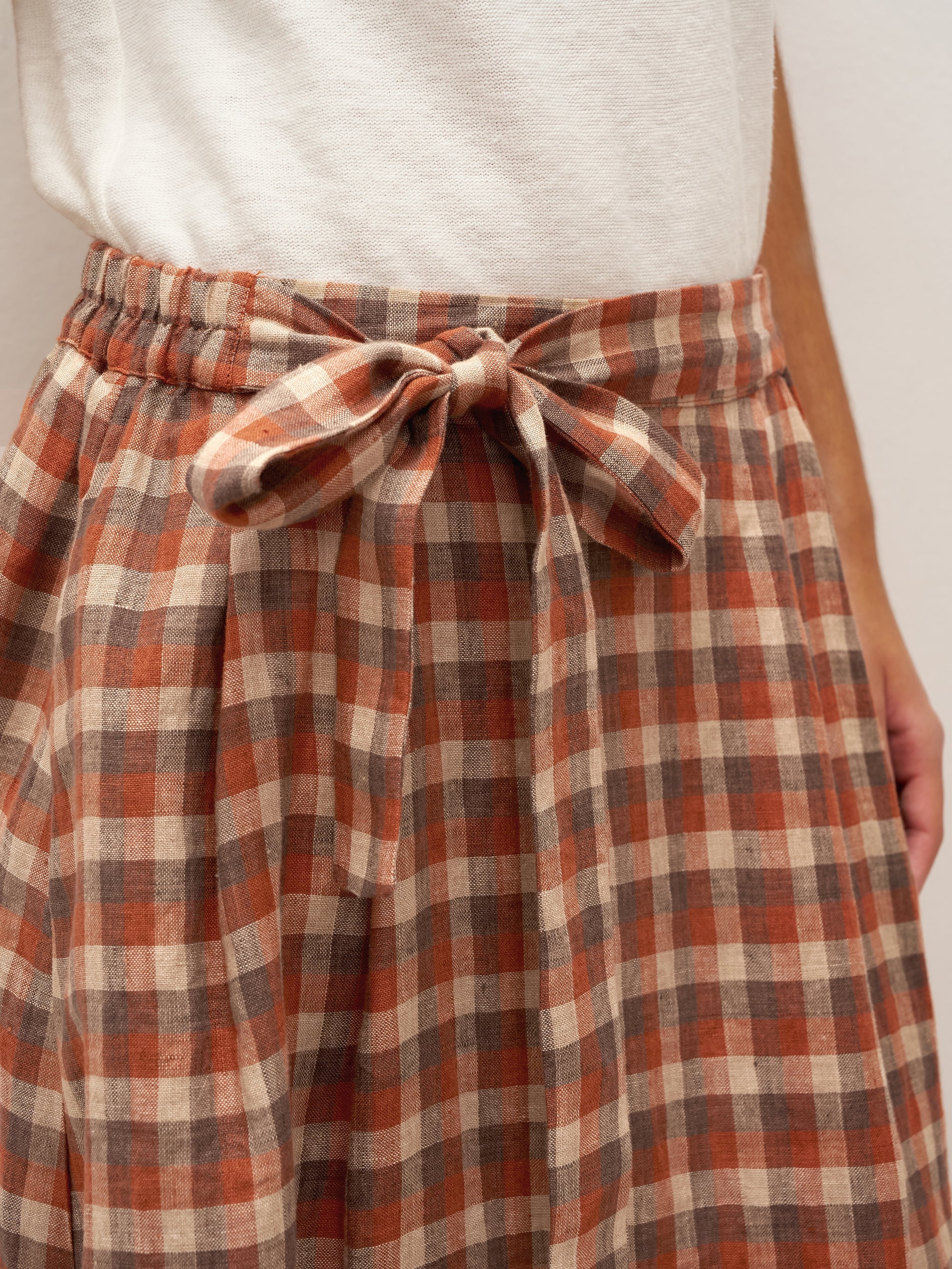 100% Linen A-Line Tie-Waist Checked Skirt DANIELE - BOTTOMS-Linen Skirts