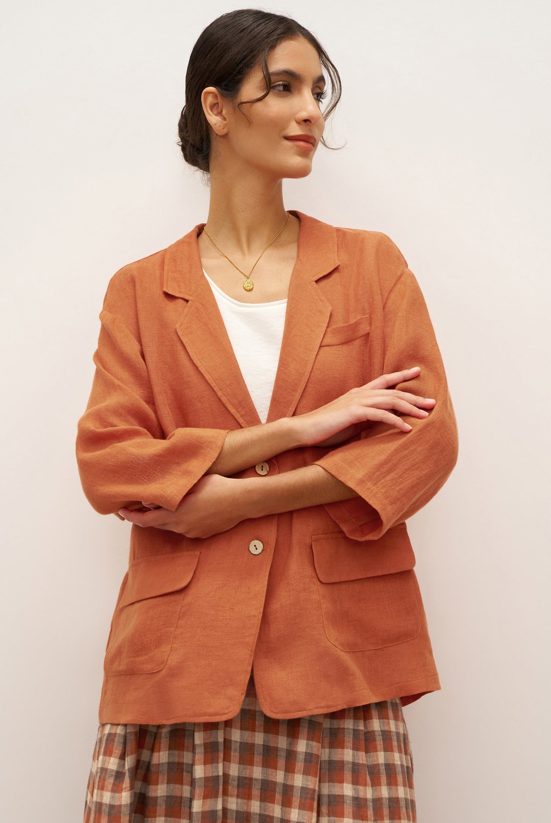 100% Linen 3/4 Sleeve Drop Shoulder Blazer DARA - TOPS-Linen Jackets