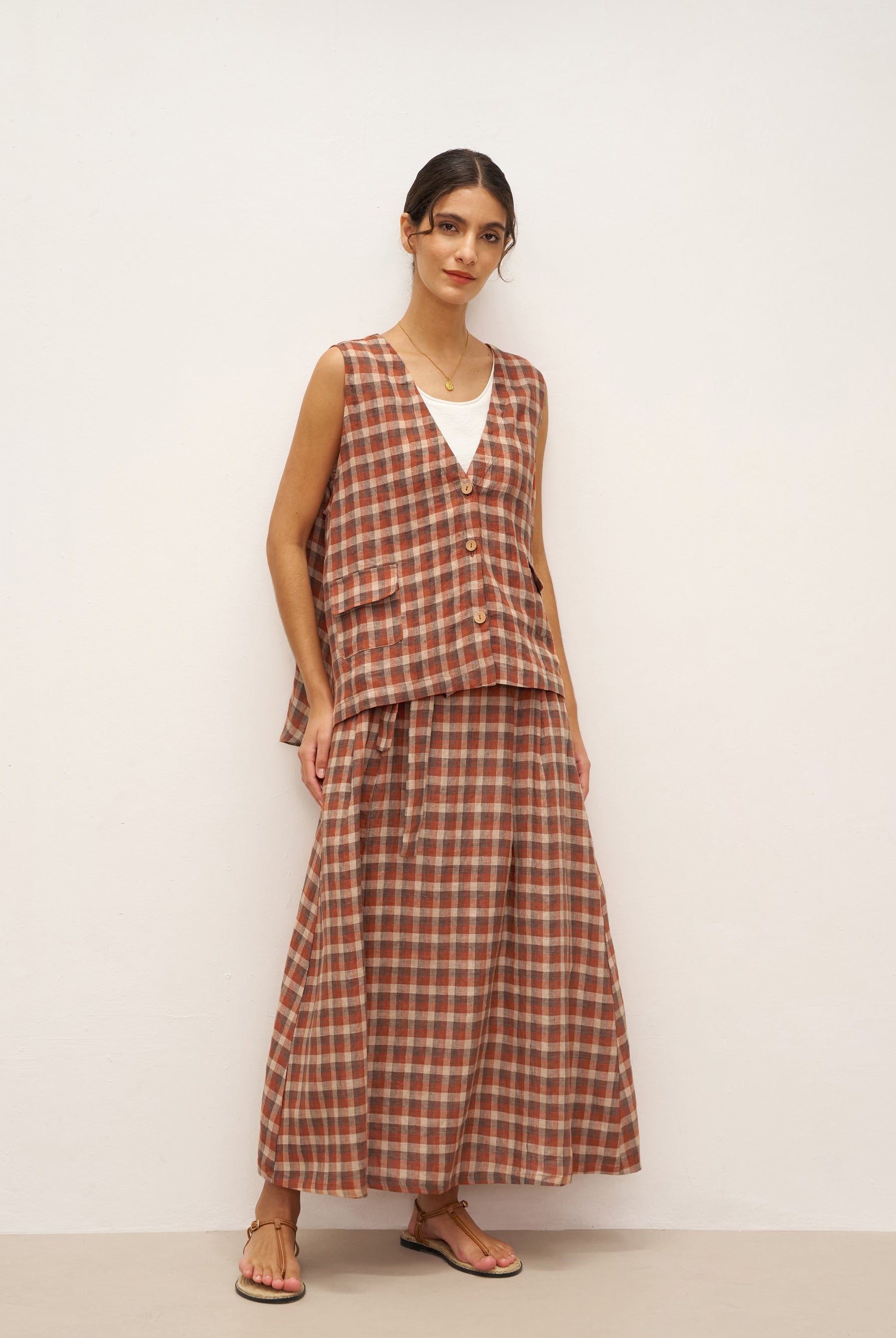 100% Linen V-Neck Checked Oversized Vest DORIS - TOPS-Linen Vests