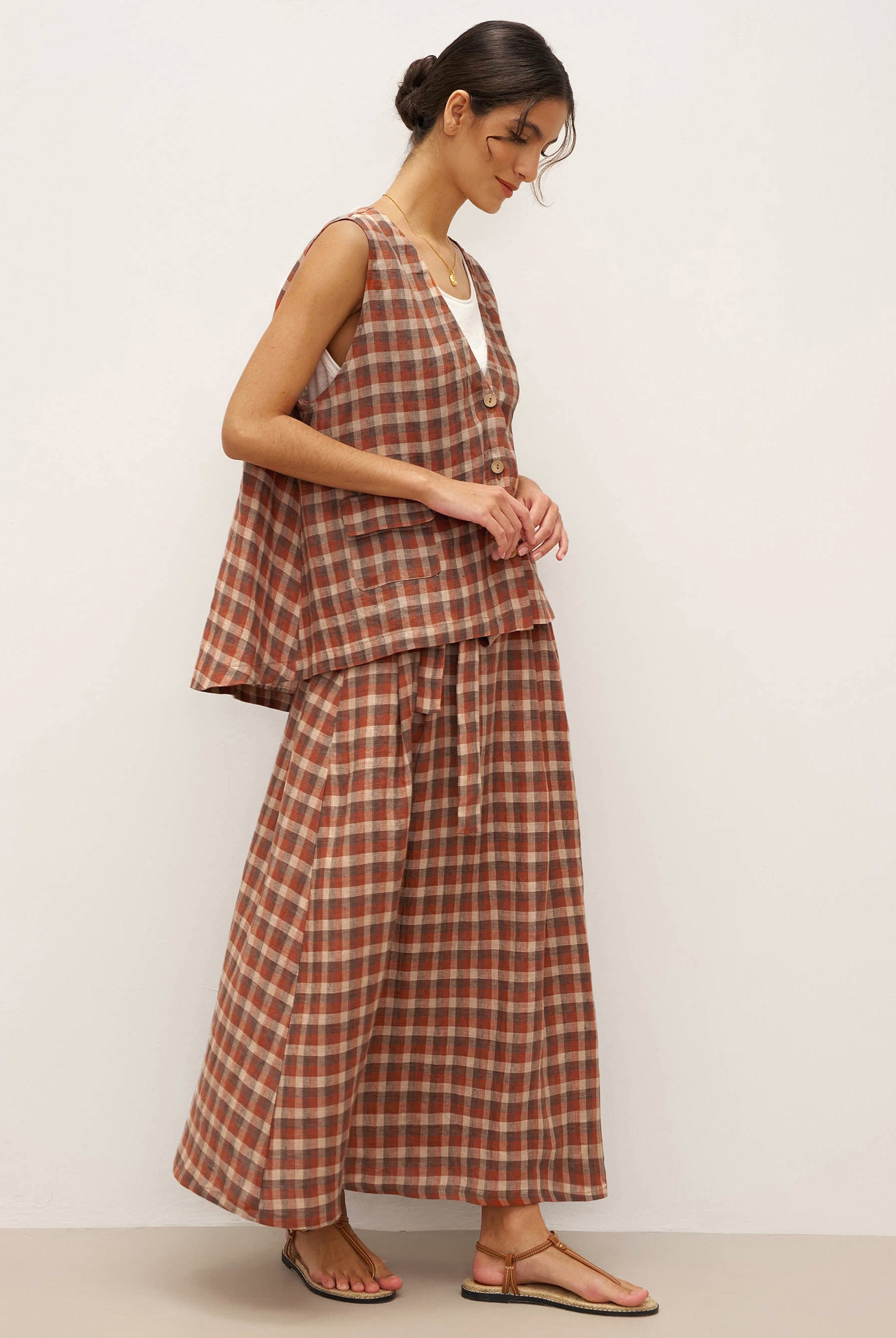 100% Linen V-Neck Checked Oversized Vest DORIS - TOPS-Linen Vests