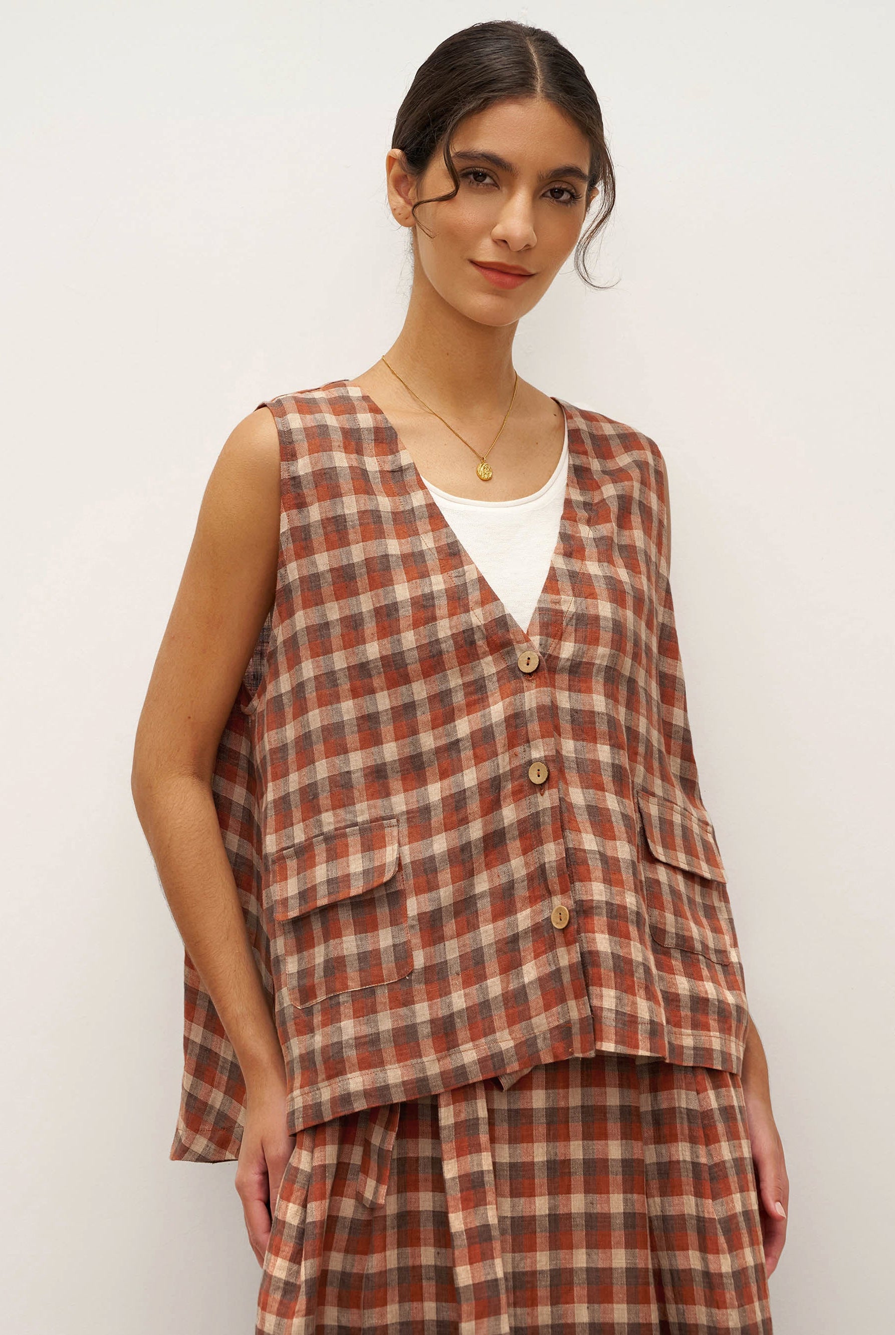 100% Linen V-Neck Checked Oversized Vest DORIS - Rustic Check / S - TOPS-Linen Vests