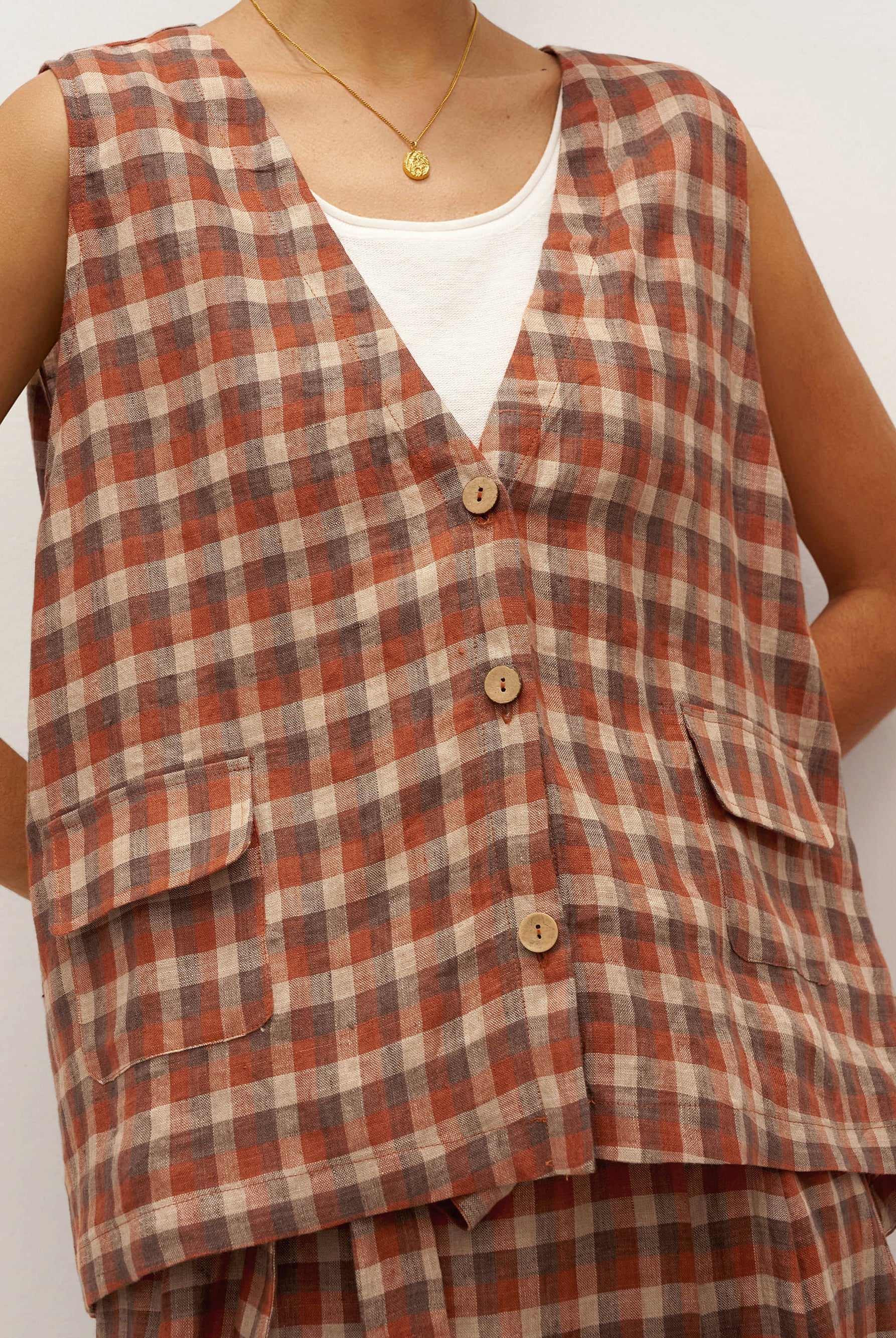 100% Linen V-Neck Checked Oversized Vest DORIS - TOPS-Linen Vests