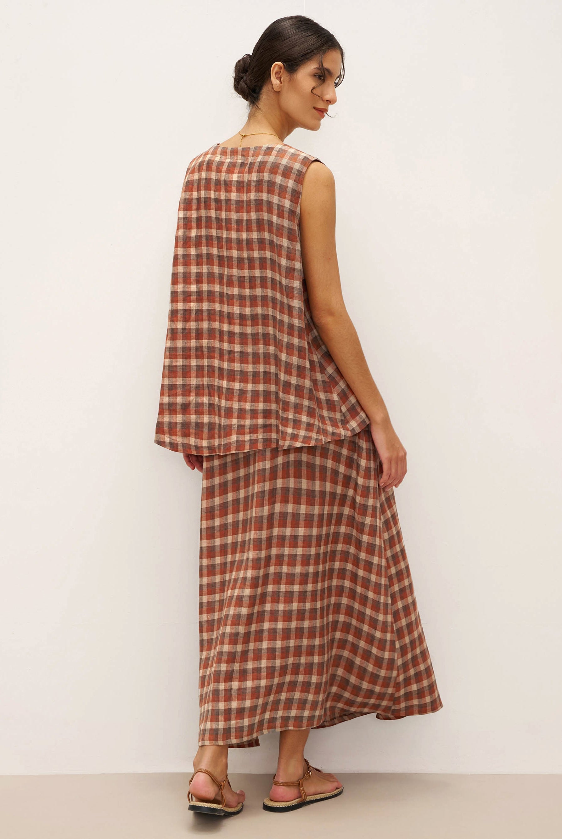 100% Linen V-Neck Checked Oversized Vest DORIS - TOPS-Linen Vests